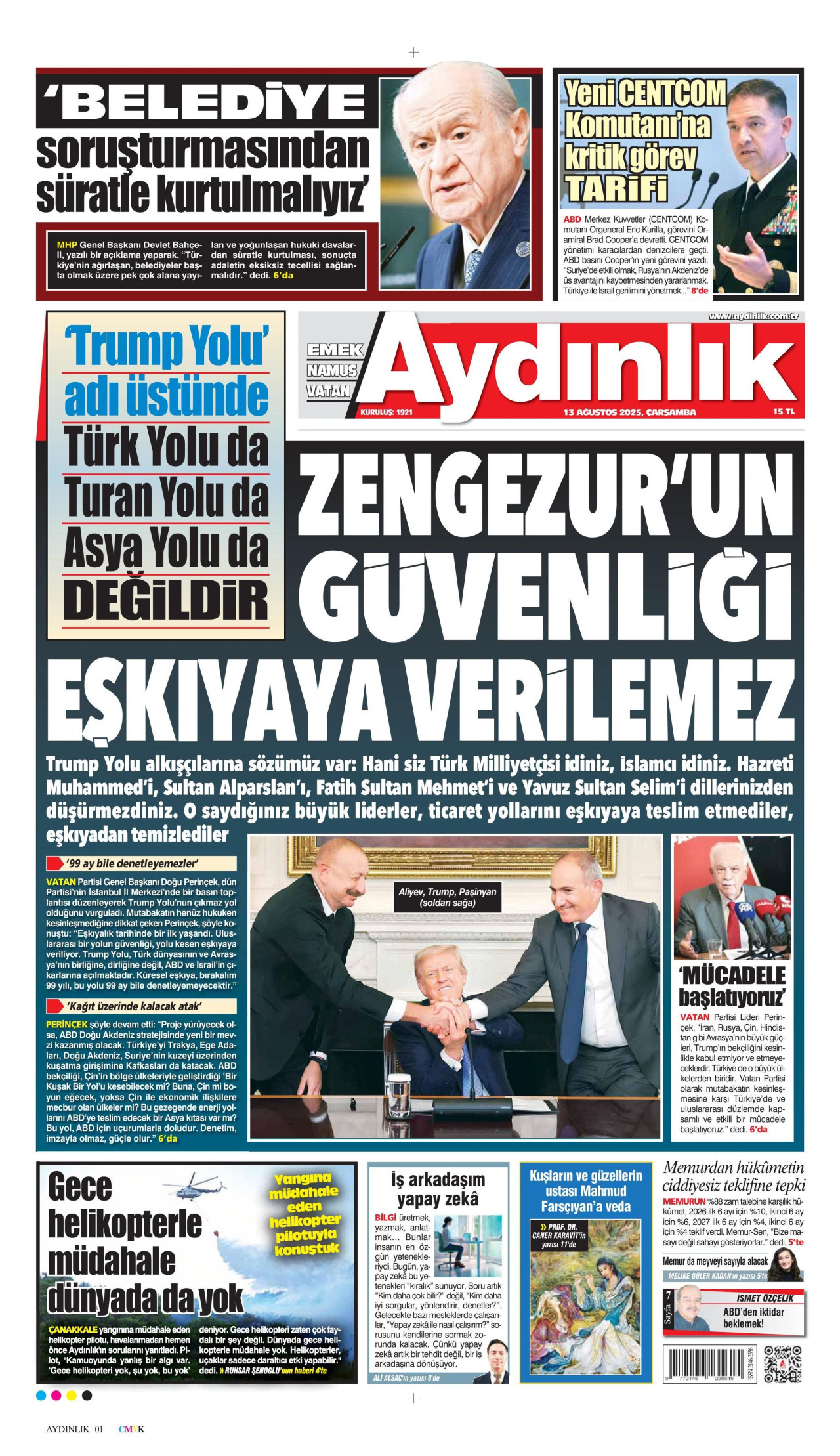AYDINLIK GAZETESİ gazetesinin 13 Ağustos 2025 tarihli birinci sayfası
