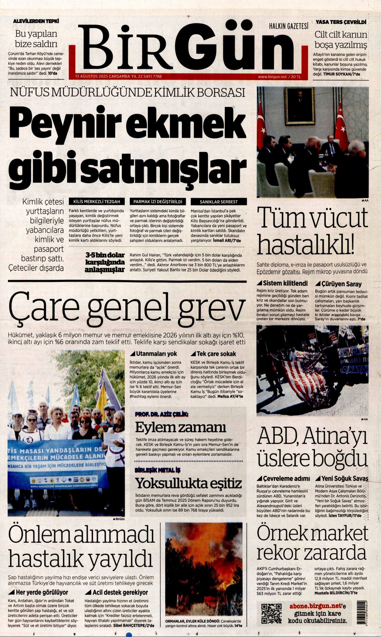 BİRGÜN gazetesinin 13 Ağustos 2025 tarihli birinci sayfası