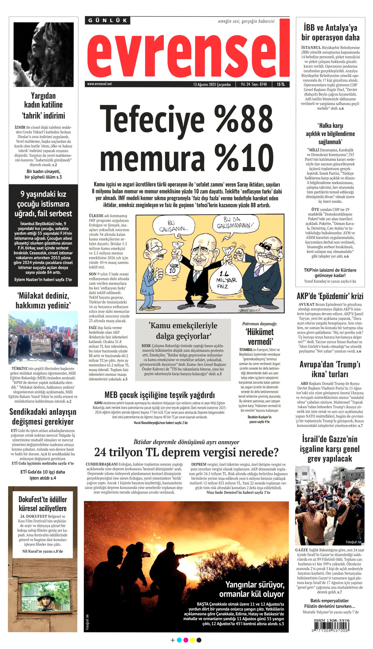 EVRENSEL gazetesinin 13 Ağustos 2025 tarihli birinci sayfası