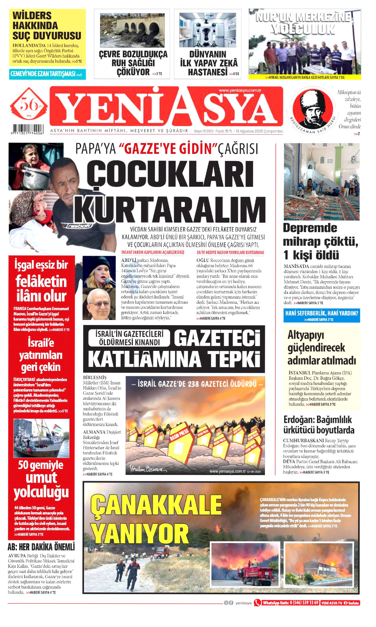 YENİ ASYA gazetesinin 13 Ağustos 2025 tarihli birinci sayfası