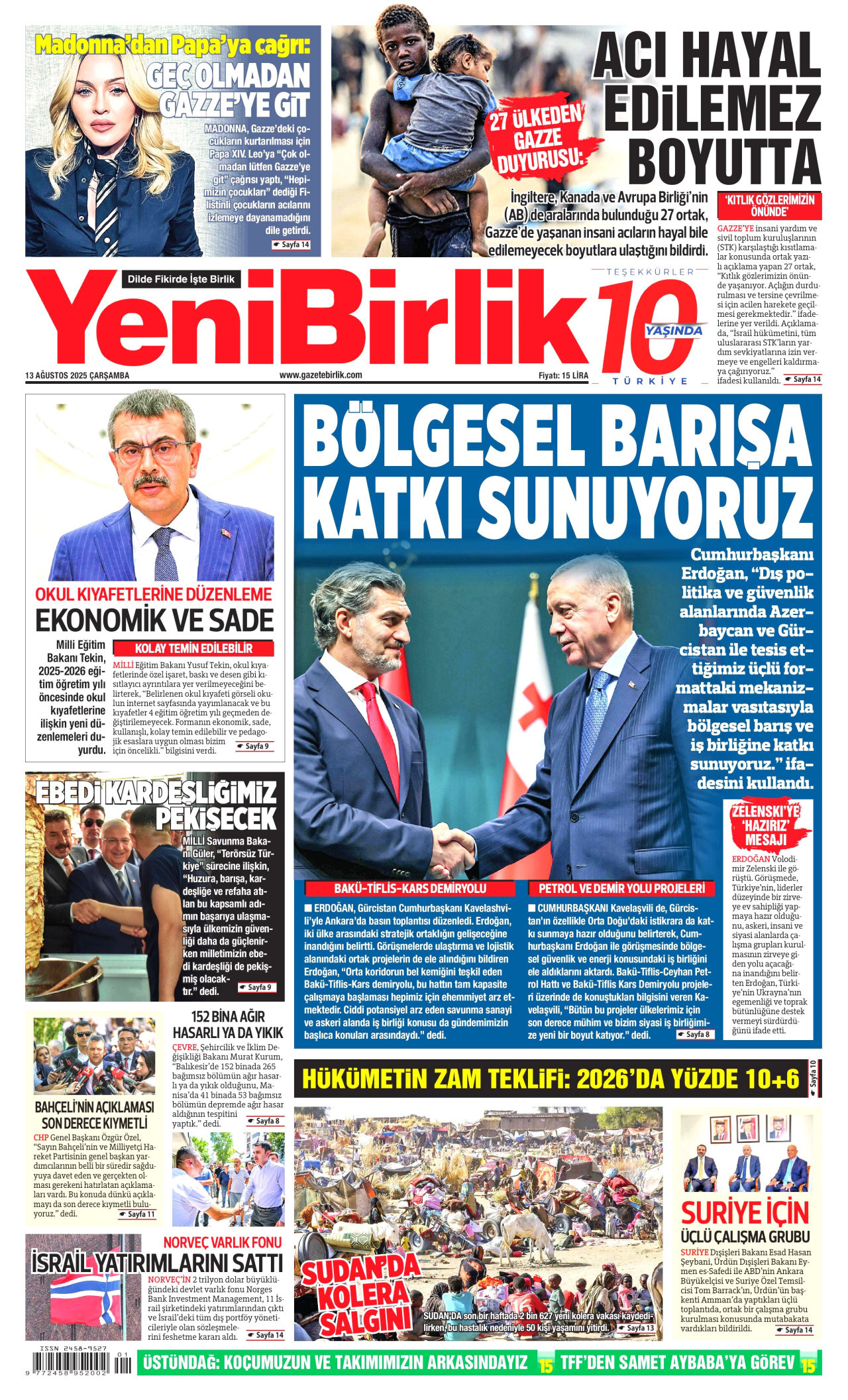 YENİBİRLİK gazetesinin 13 Ağustos 2025 tarihli birinci sayfası
