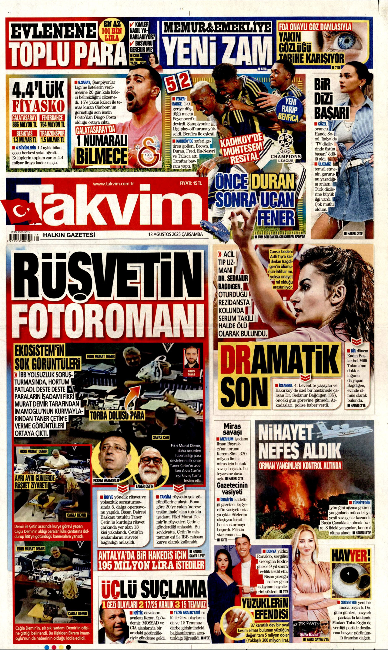 TAKVİM gazetesinin 13 Ağustos 2025 tarihli birinci sayfası