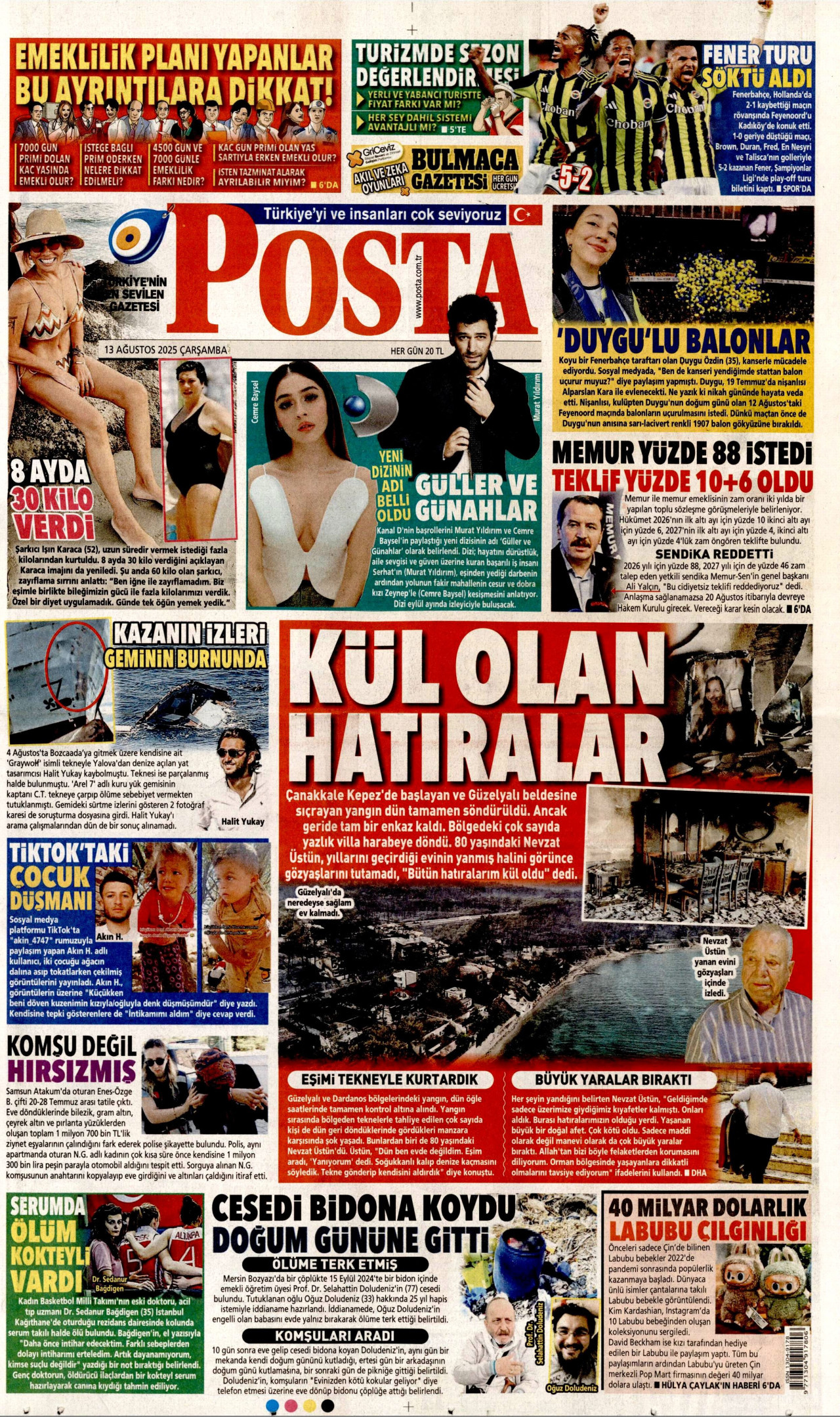 POSTA gazetesinin 13 Ağustos 2025 tarihli birinci sayfası