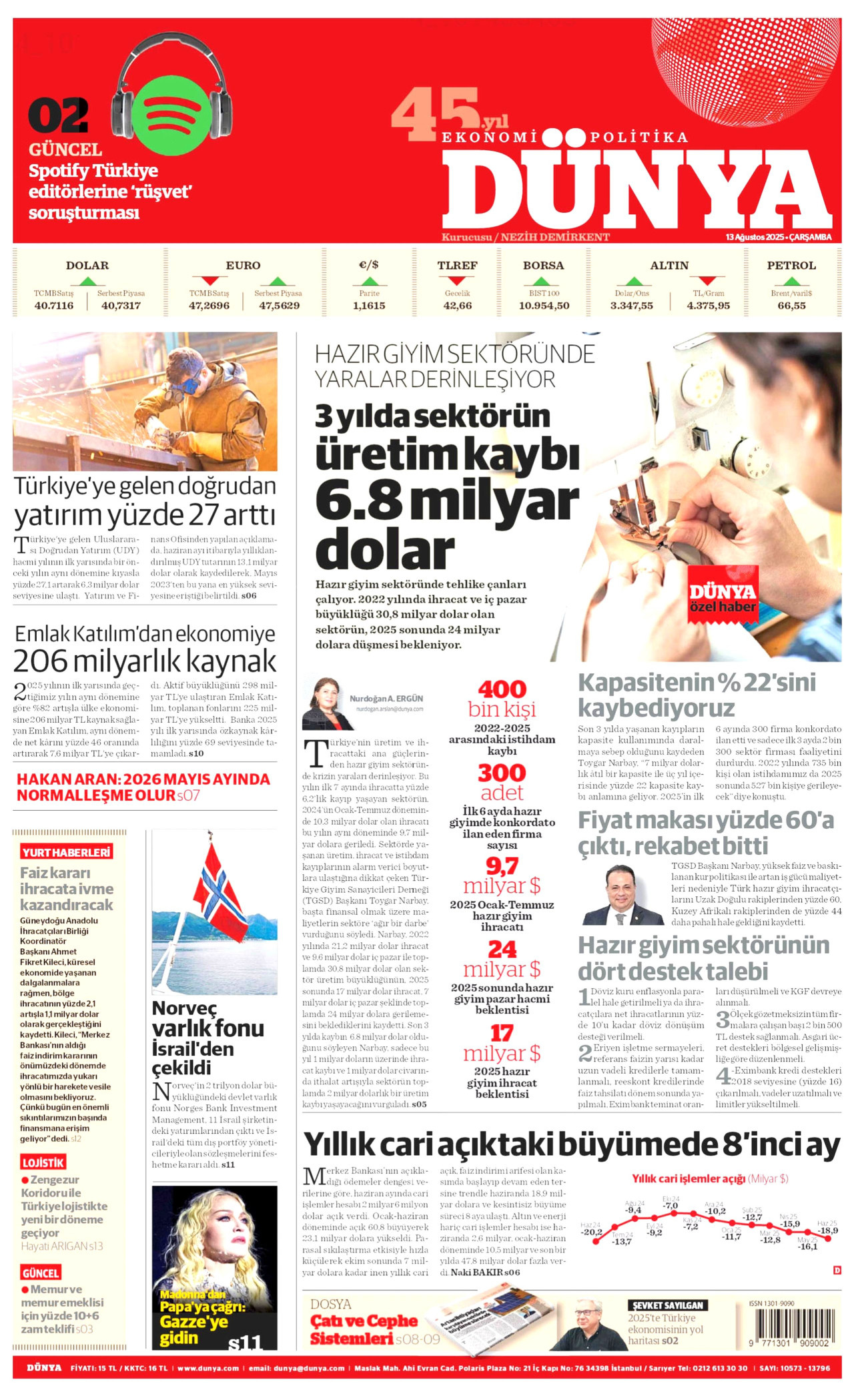 DÜNYA gazetesinin 13 Ağustos 2025 tarihli birinci sayfası