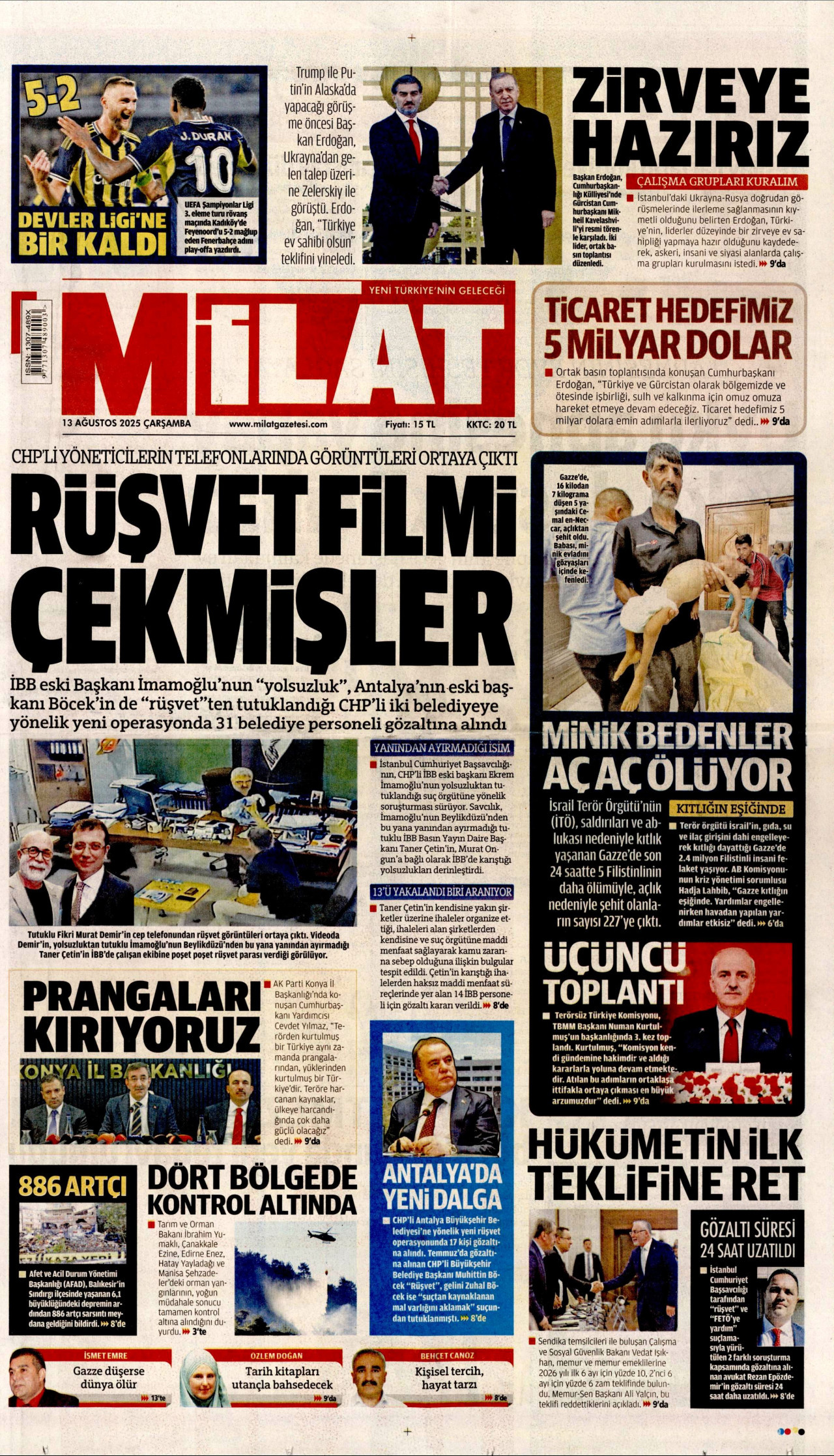 MİLAT gazetesinin 13 Ağustos 2025 tarihli birinci sayfası