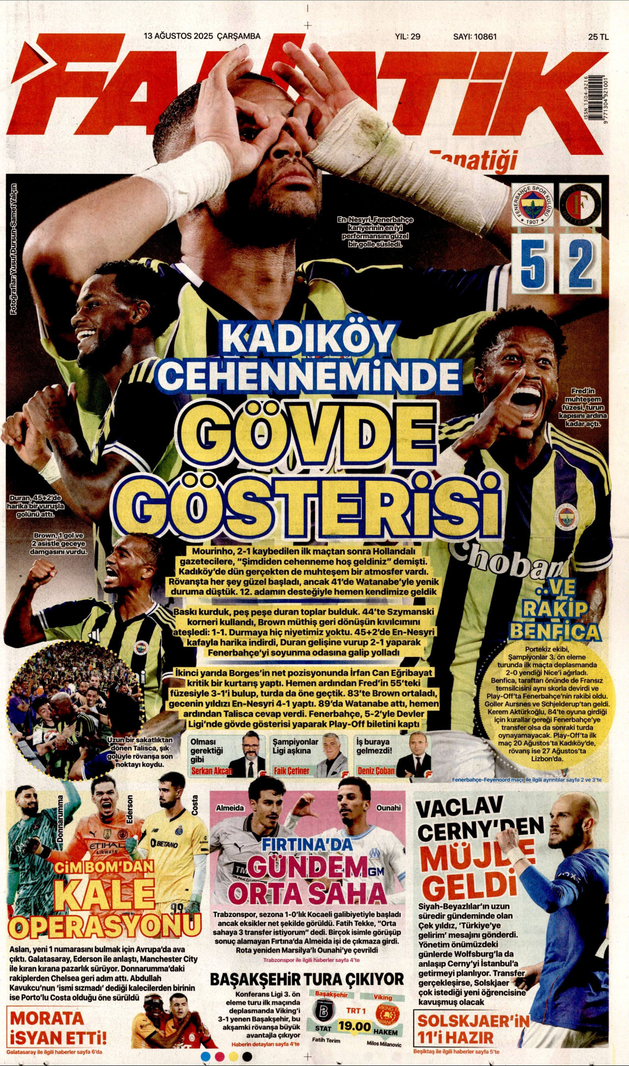FANATİK gazetesinin 13 Ağustos 2025 tarihli birinci sayfası
