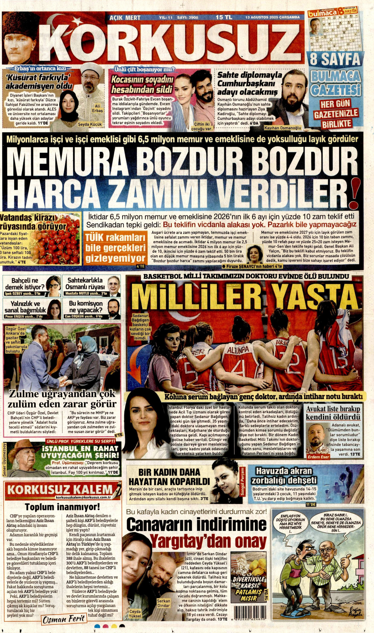 KORKUSUZ gazetesinin 13 Ağustos 2025 tarihli birinci sayfası