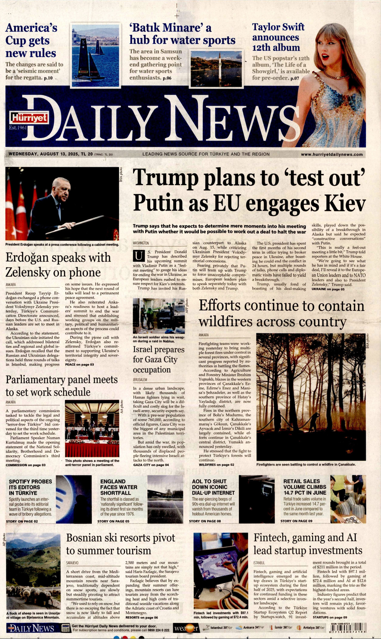 HÜRRİYET DAİLY NEWS gazetesinin 13 Ağustos 2025 tarihli birinci sayfası