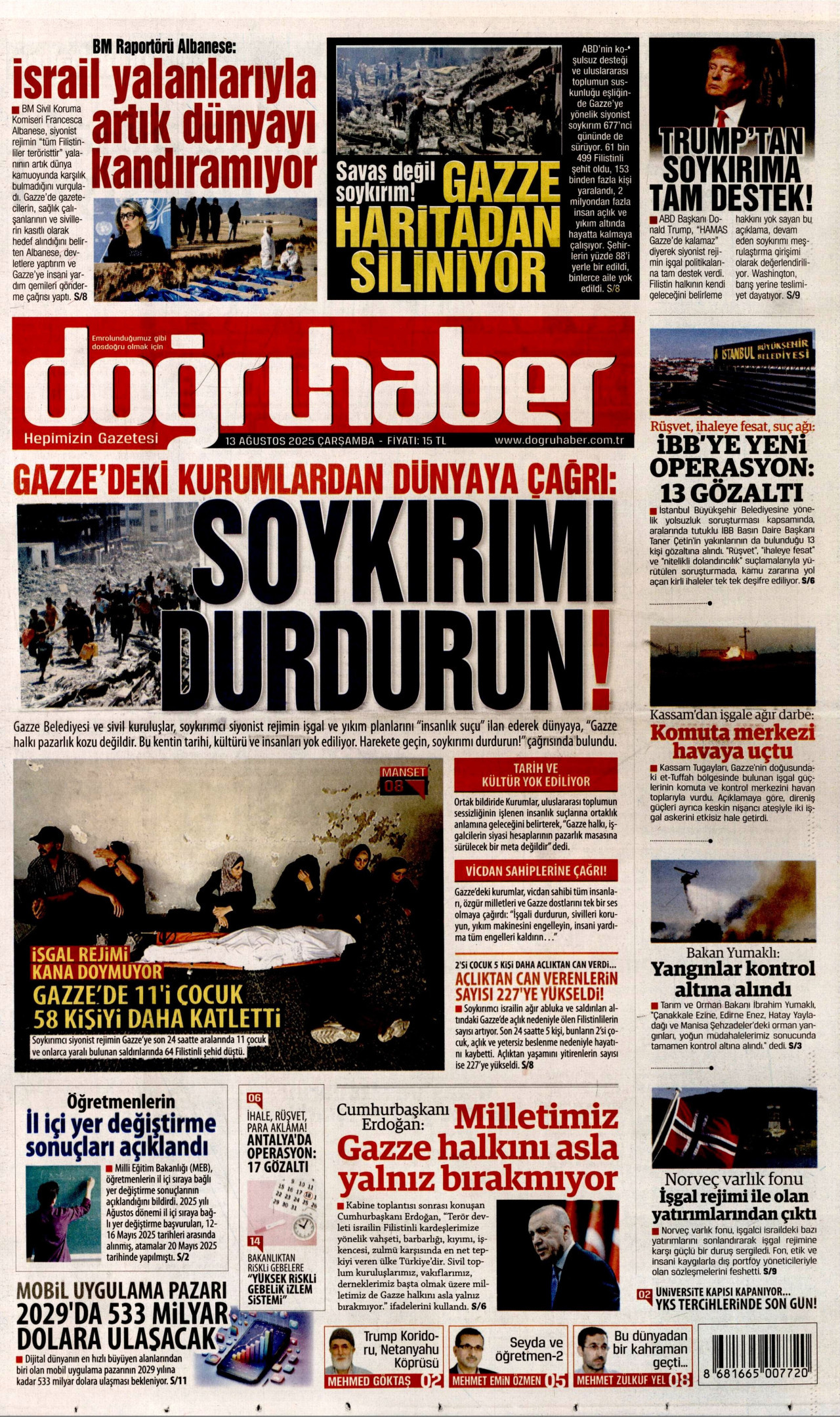 DOĞRU HABER gazetesinin 13 Ağustos 2025 tarihli birinci sayfası