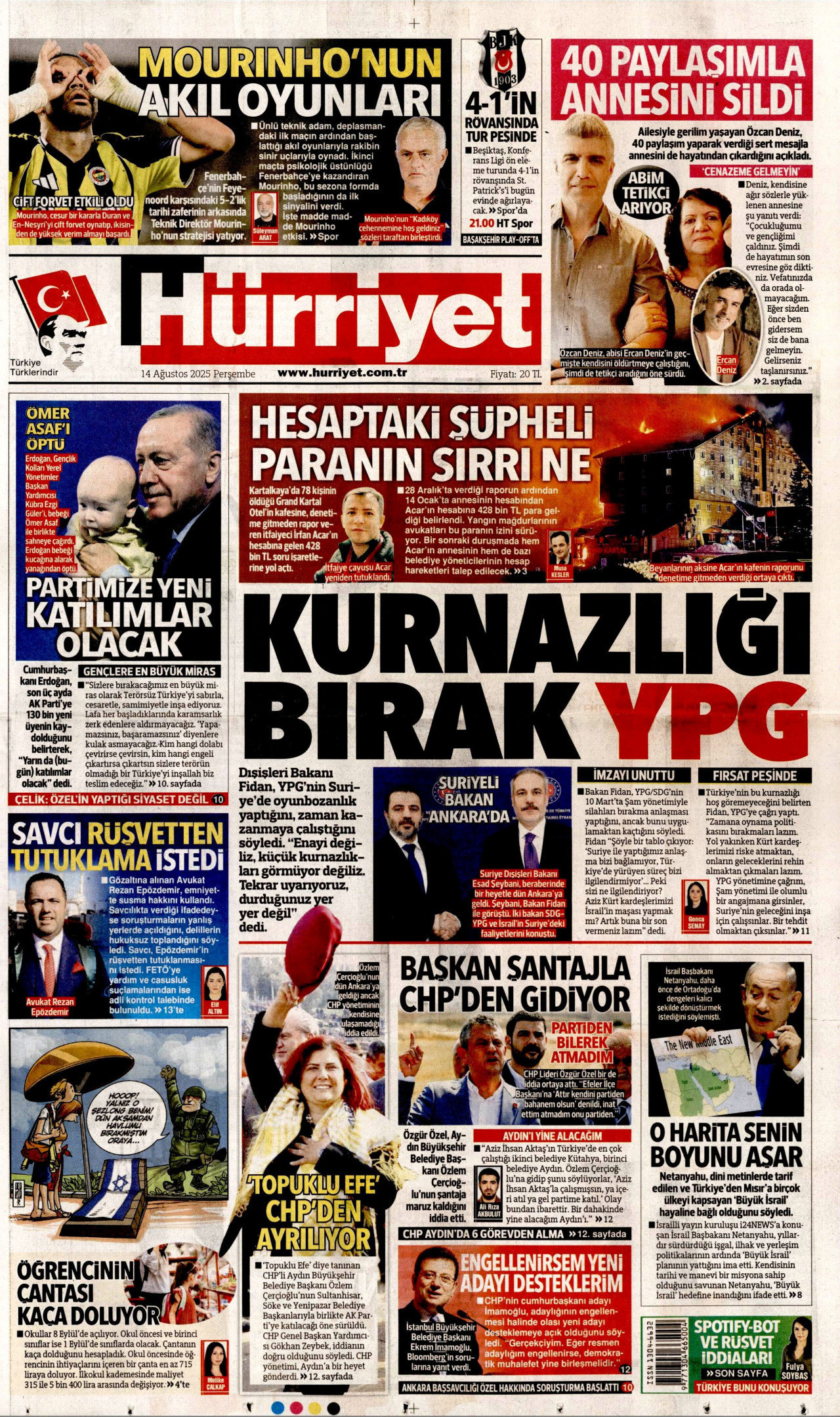 HÜRRİYET gazetesinin 14 Ağustos 2025 tarihli birinci sayfası