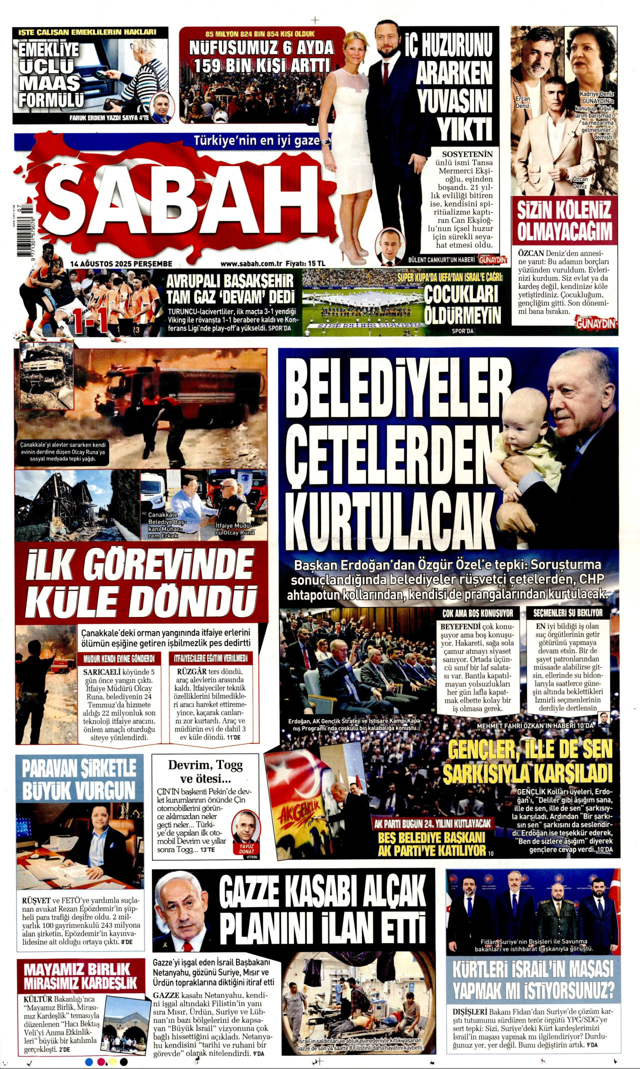 SABAH gazetesinin 14 Ağustos 2025 tarihli birinci sayfası