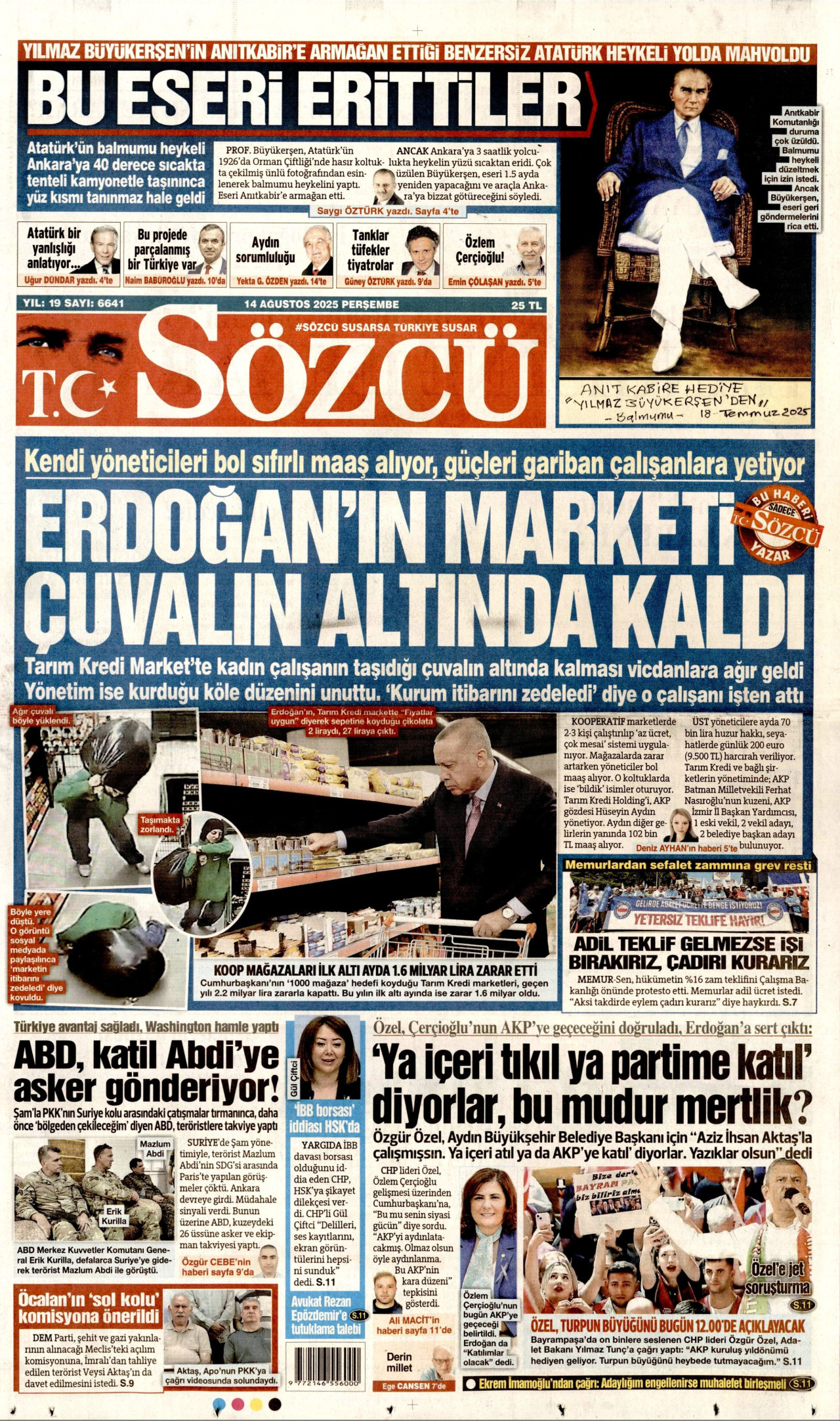 SÖZCÜ gazetesinin 14 Ağustos 2025 tarihli birinci sayfası