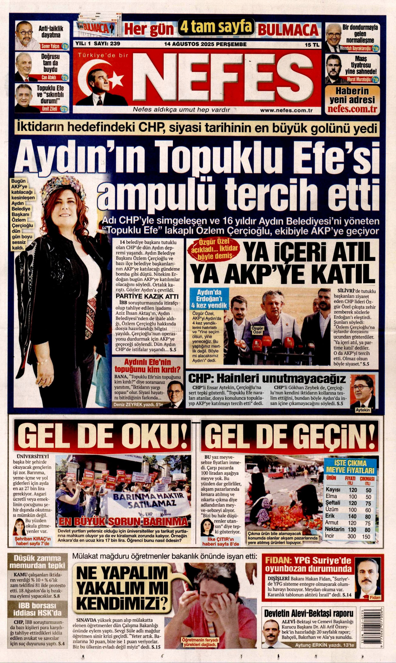 NEFES gazetesinin 14 Ağustos 2025 tarihli birinci sayfası