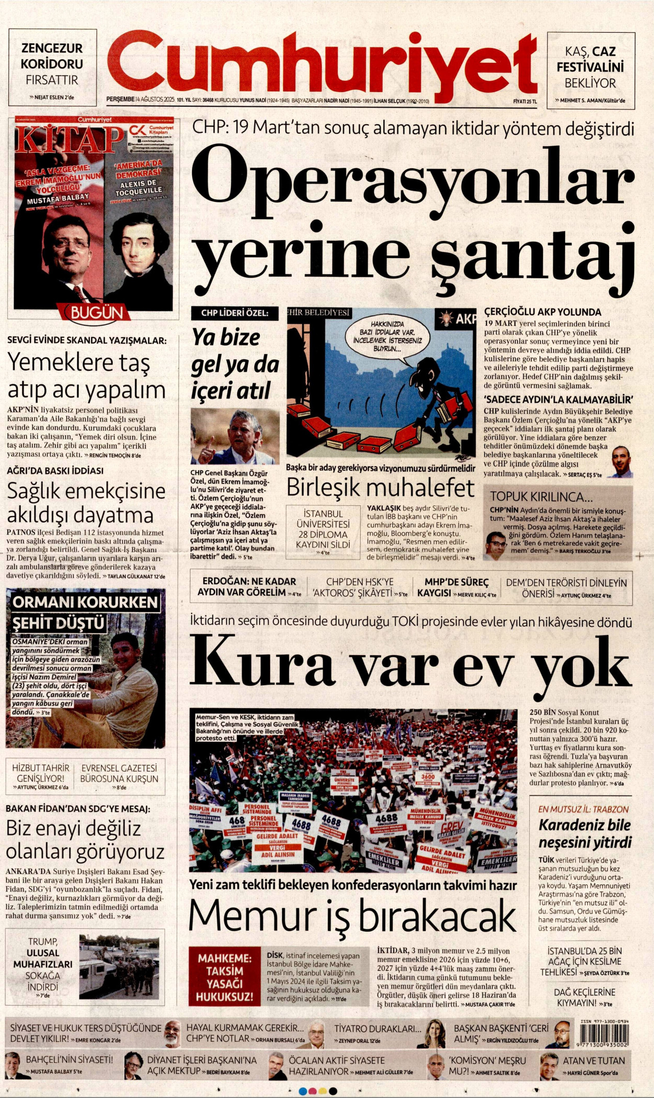 CUMHURİYET gazetesinin 14 Ağustos 2025 tarihli birinci sayfası