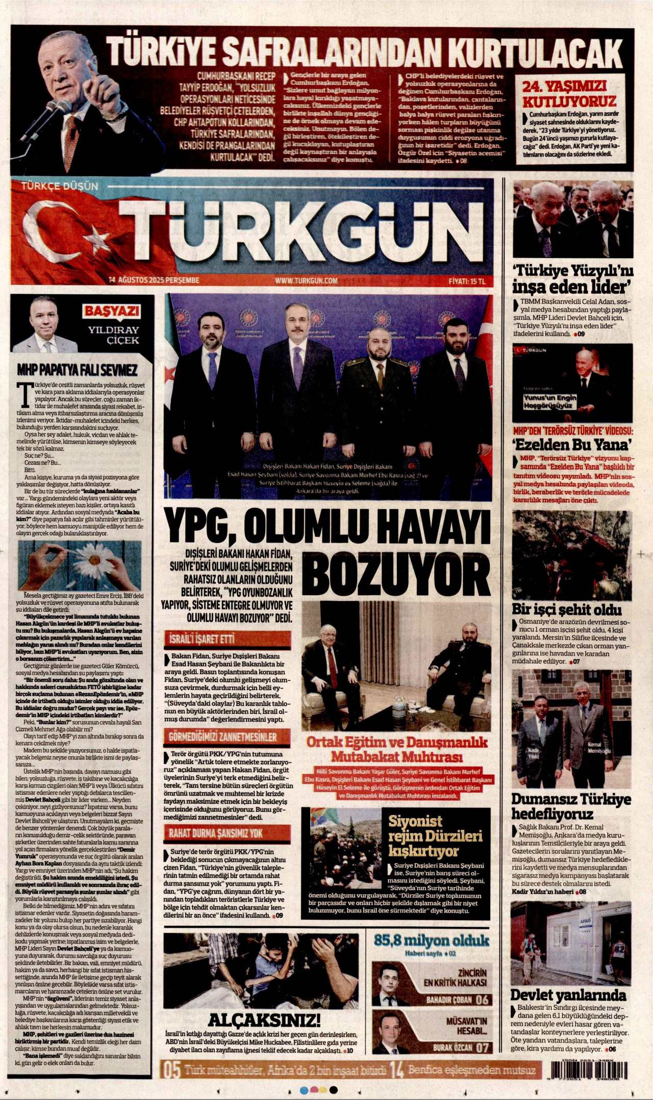 TÜRKGÜN gazetesinin 14 Ağustos 2025 tarihli birinci sayfası