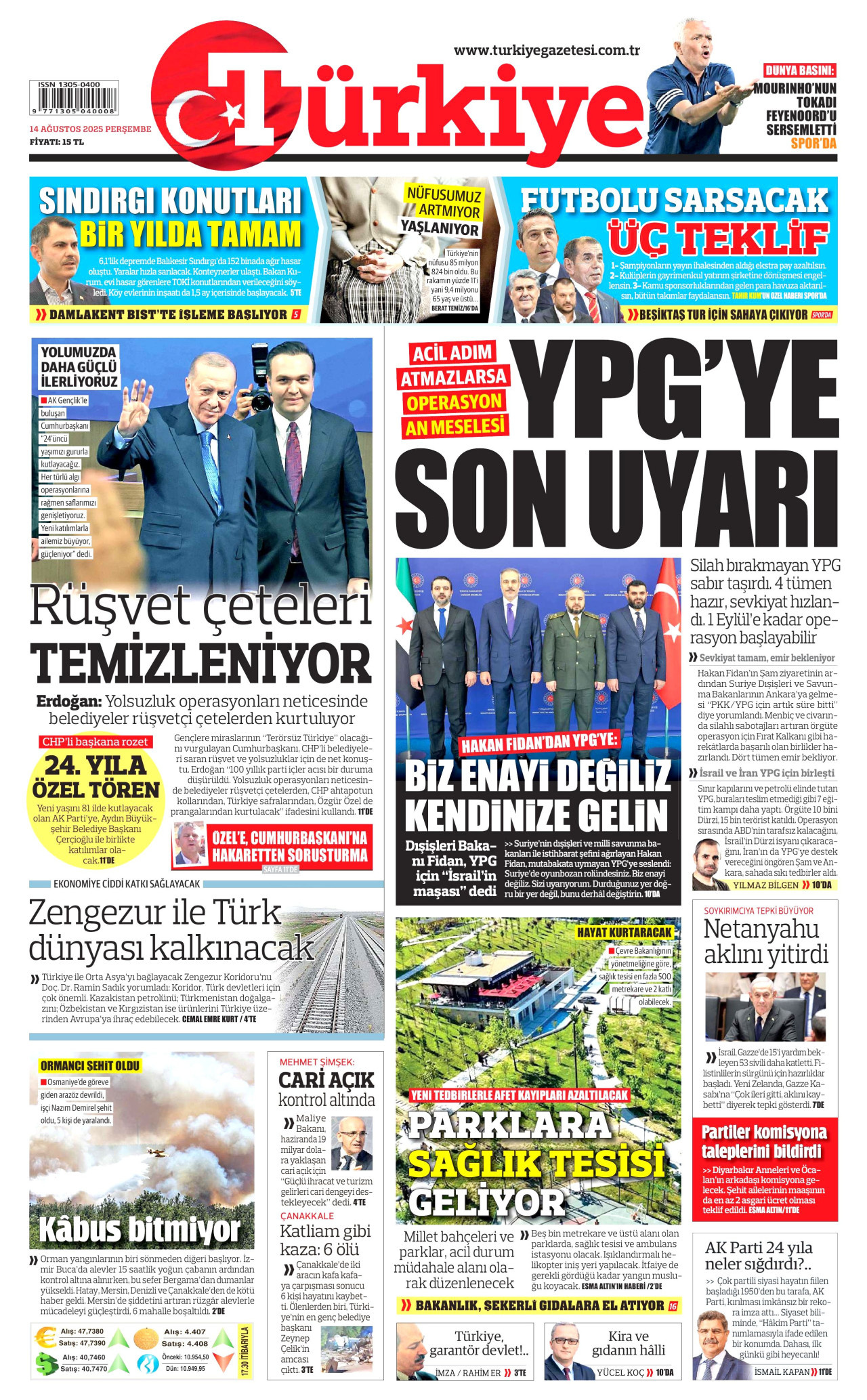 TÜRKİYE GAZETESİ gazetesinin 14 Ağustos 2025 tarihli birinci sayfası
