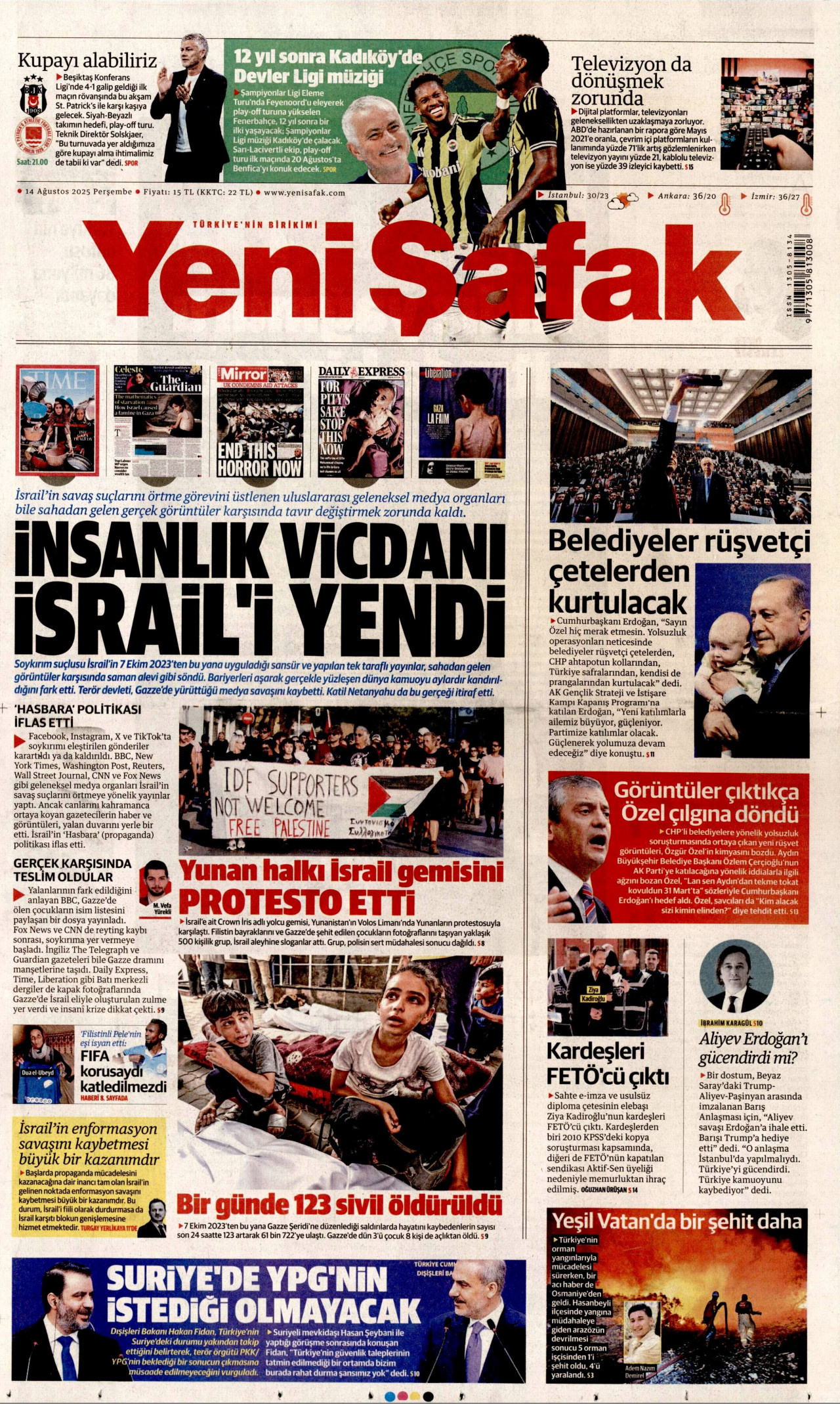 YENİ ŞAFAK gazetesinin 14 Ağustos 2025 tarihli birinci sayfası