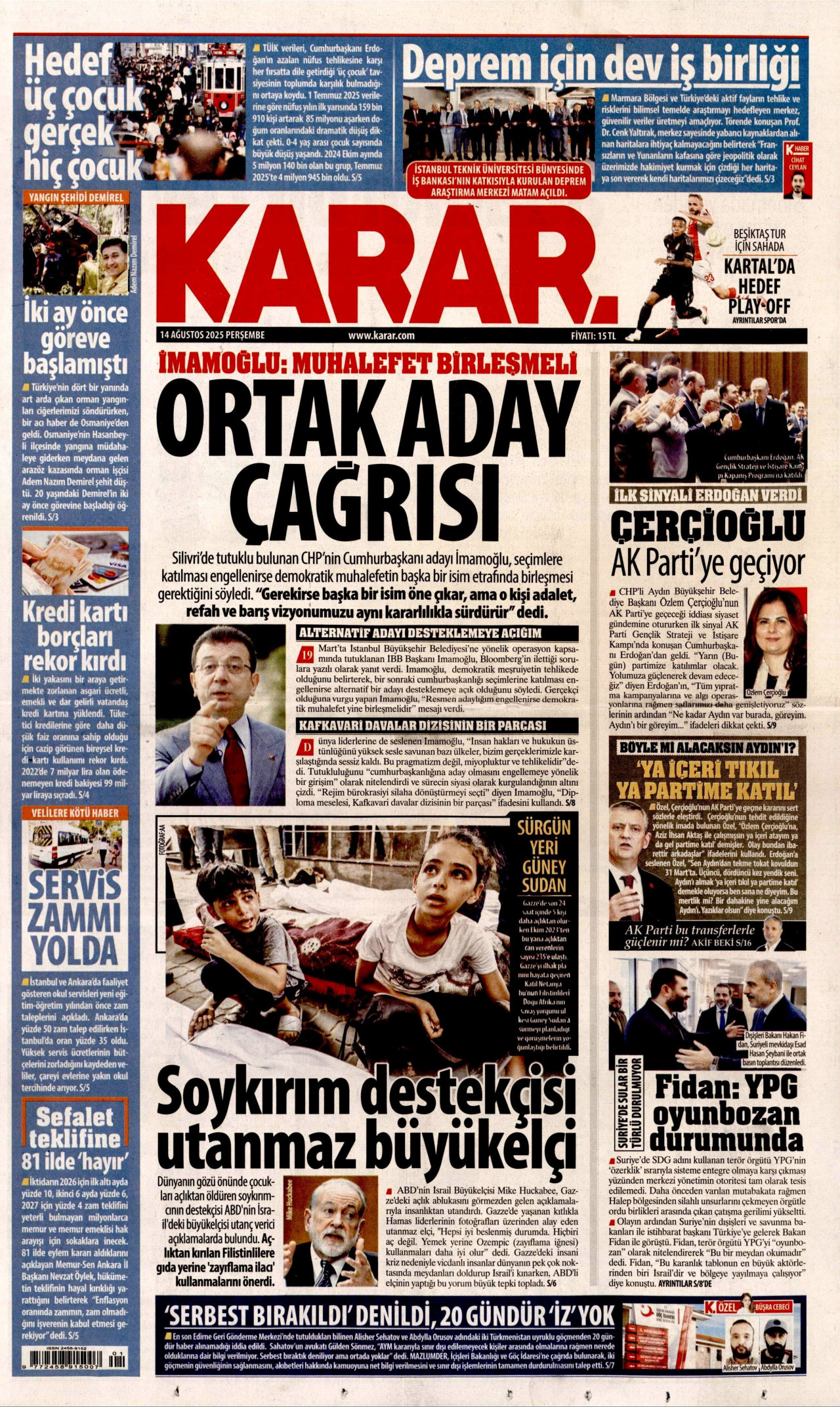 KARAR gazetesinin 14 Ağustos 2025 tarihli birinci sayfası
