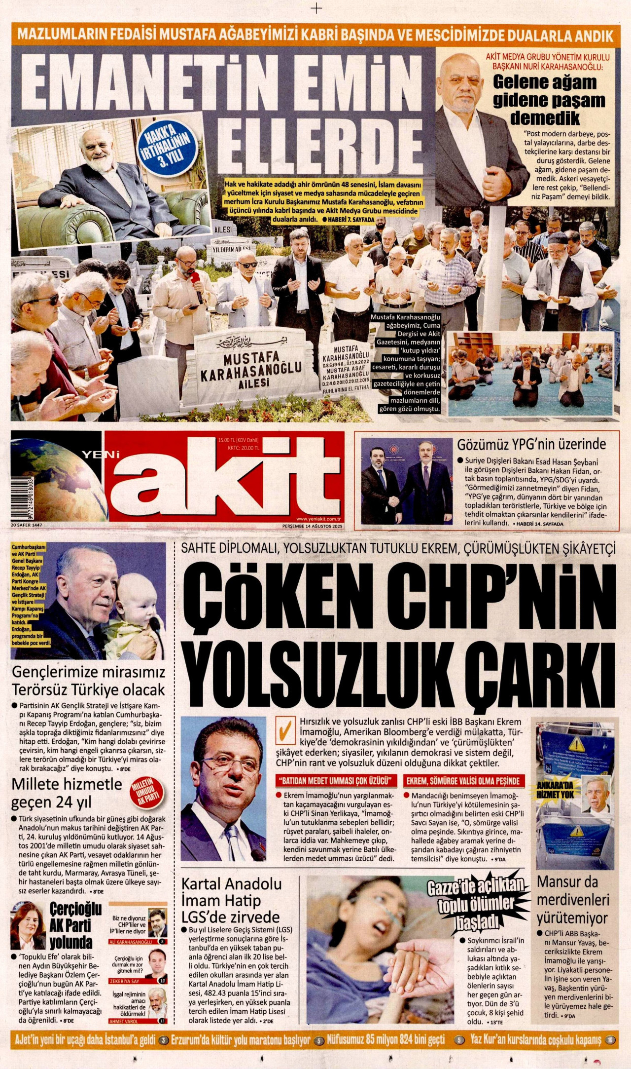 YENİ AKİT gazetesinin 14 Ağustos 2025 tarihli birinci sayfası