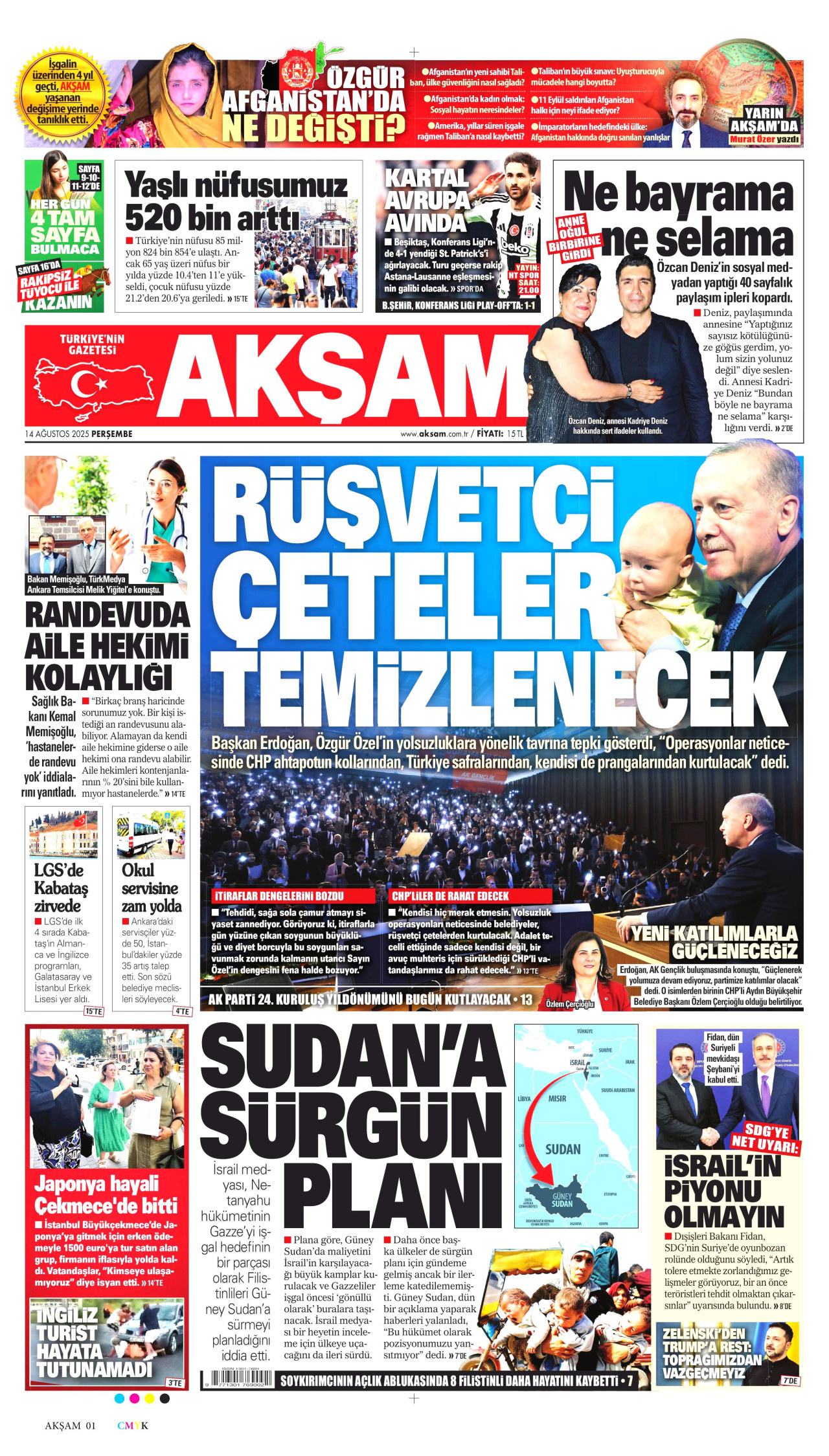 AKŞAM gazetesinin 14 Ağustos 2025 tarihli birinci sayfası