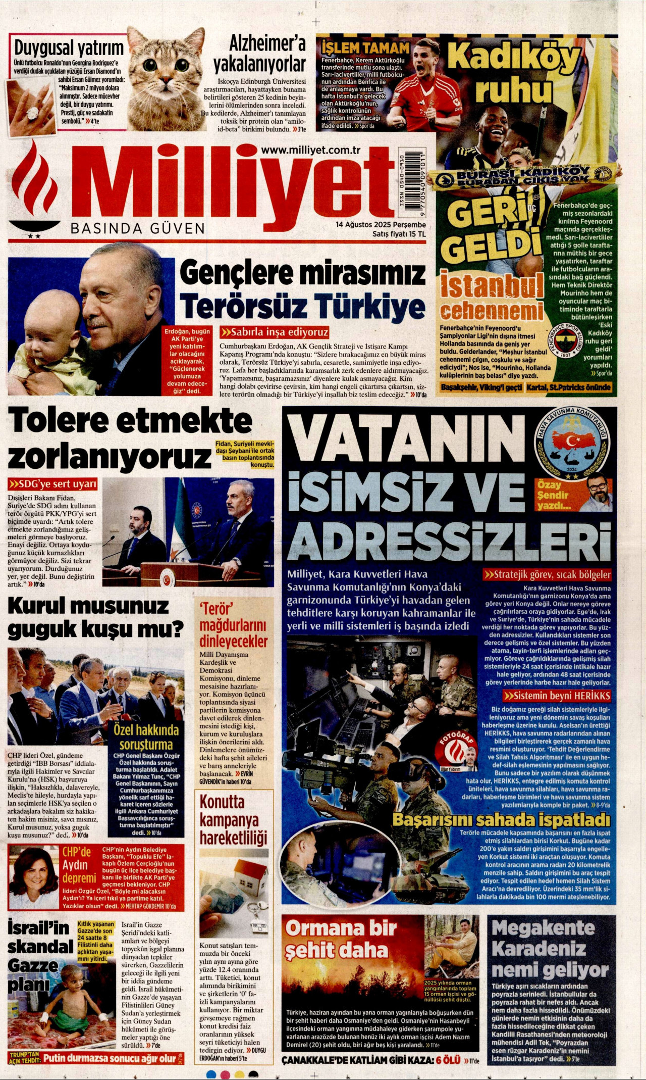 MİLLİYET gazetesinin 14 Ağustos 2025 tarihli birinci sayfası