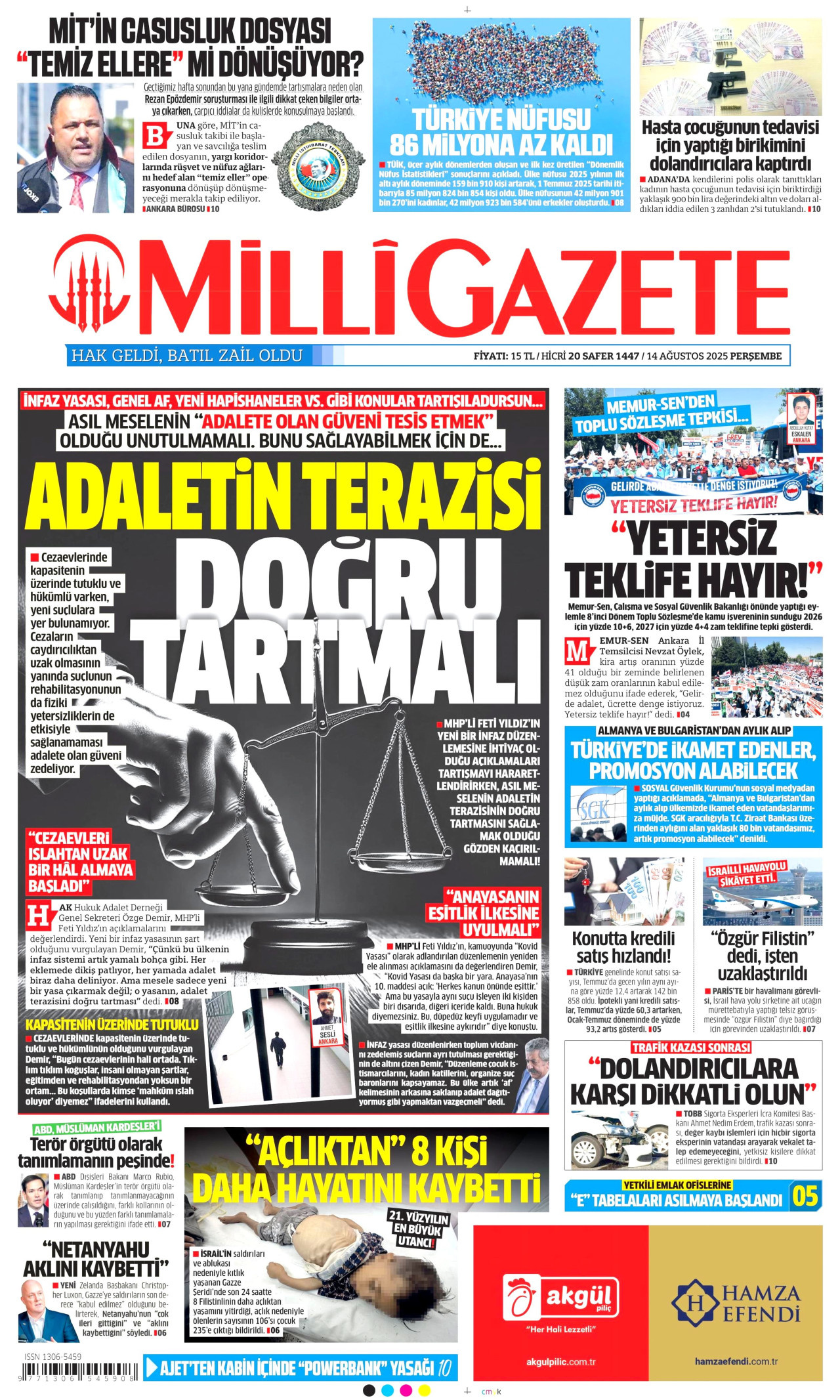 MİLLİ GAZETE gazetesinin 14 Ağustos 2025 tarihli birinci sayfası