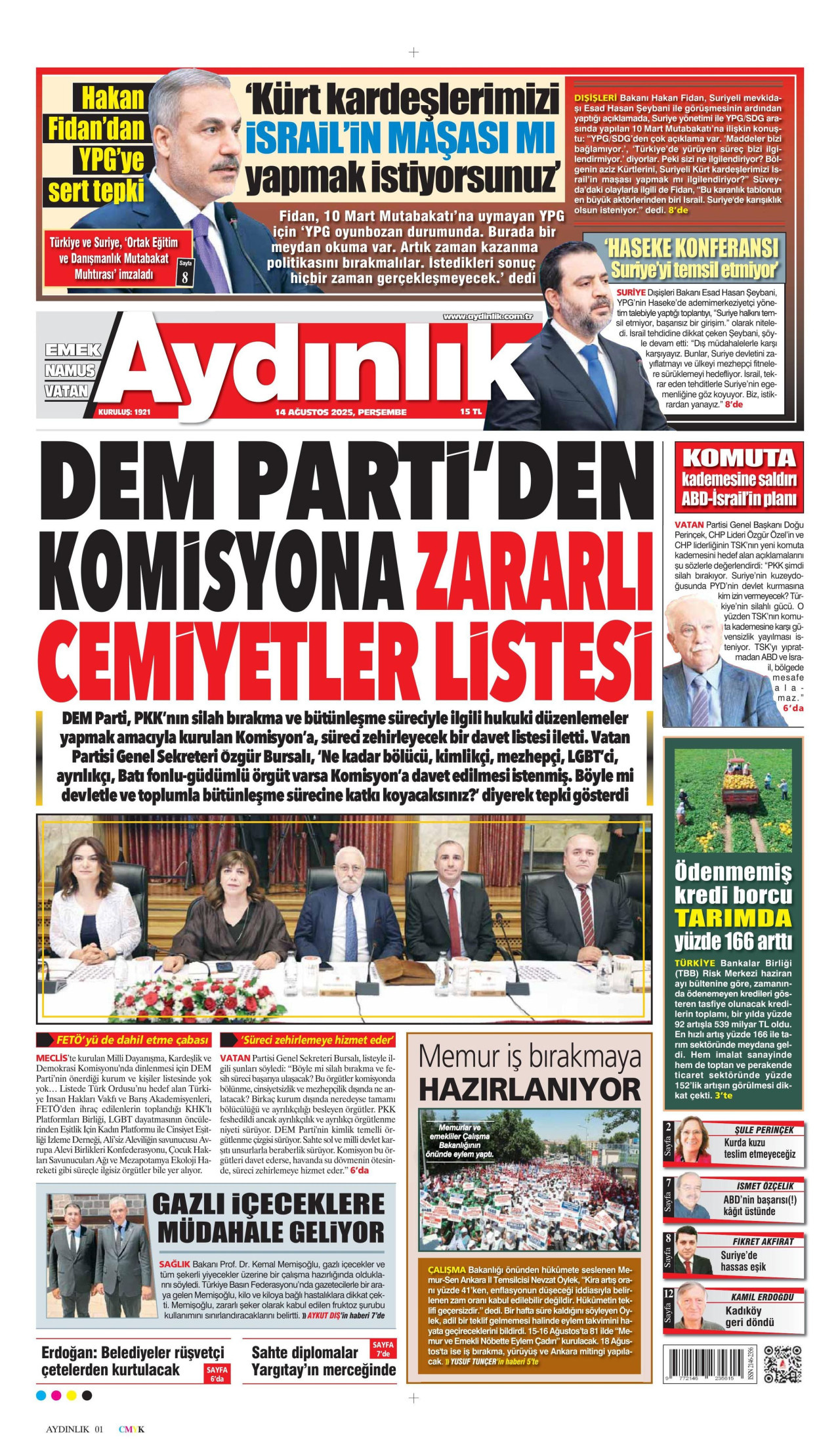 AYDINLIK GAZETESİ gazetesinin 14 Ağustos 2025 tarihli birinci sayfası