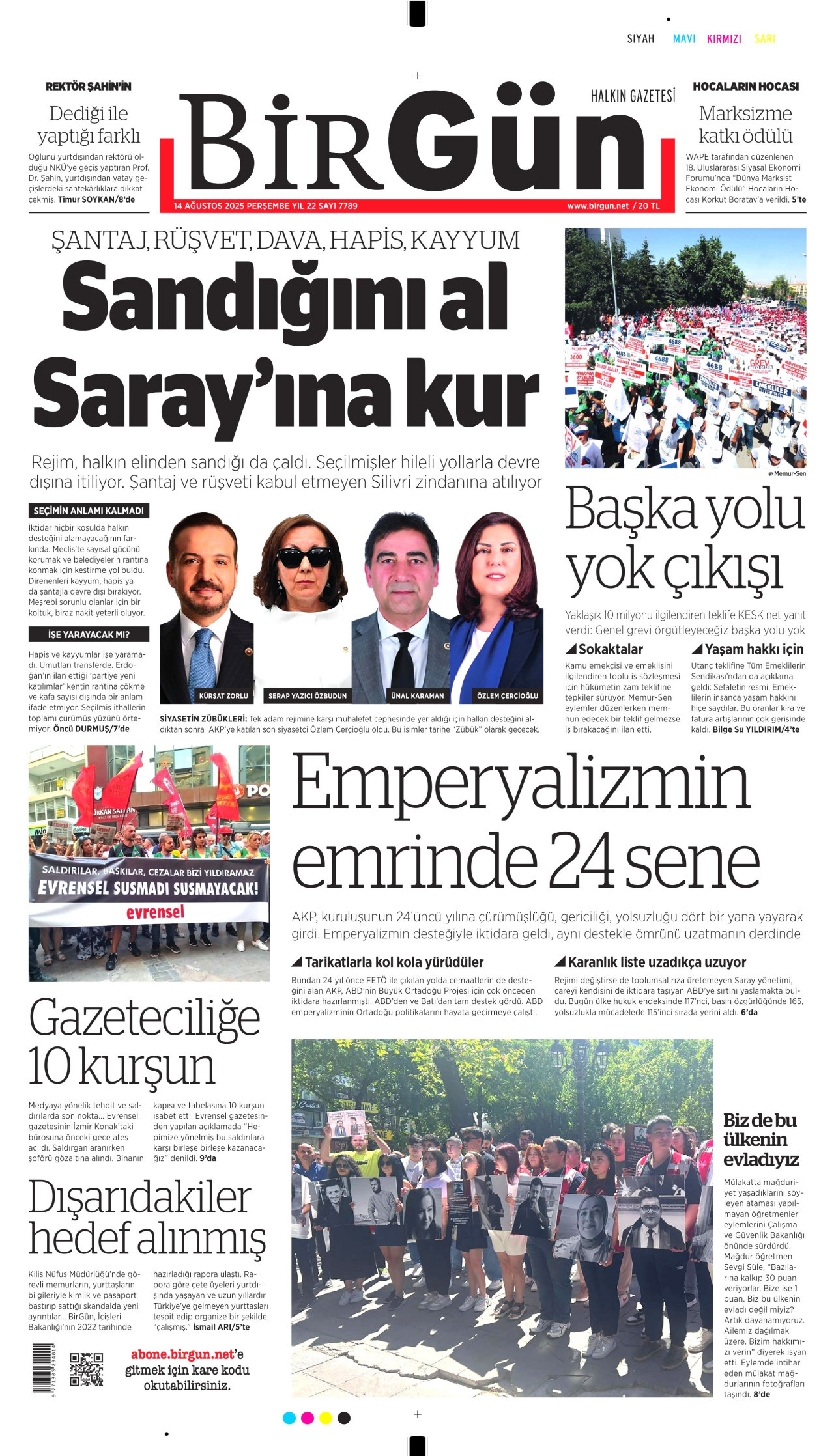 BİRGÜN gazetesinin 14 Ağustos 2025 tarihli birinci sayfası