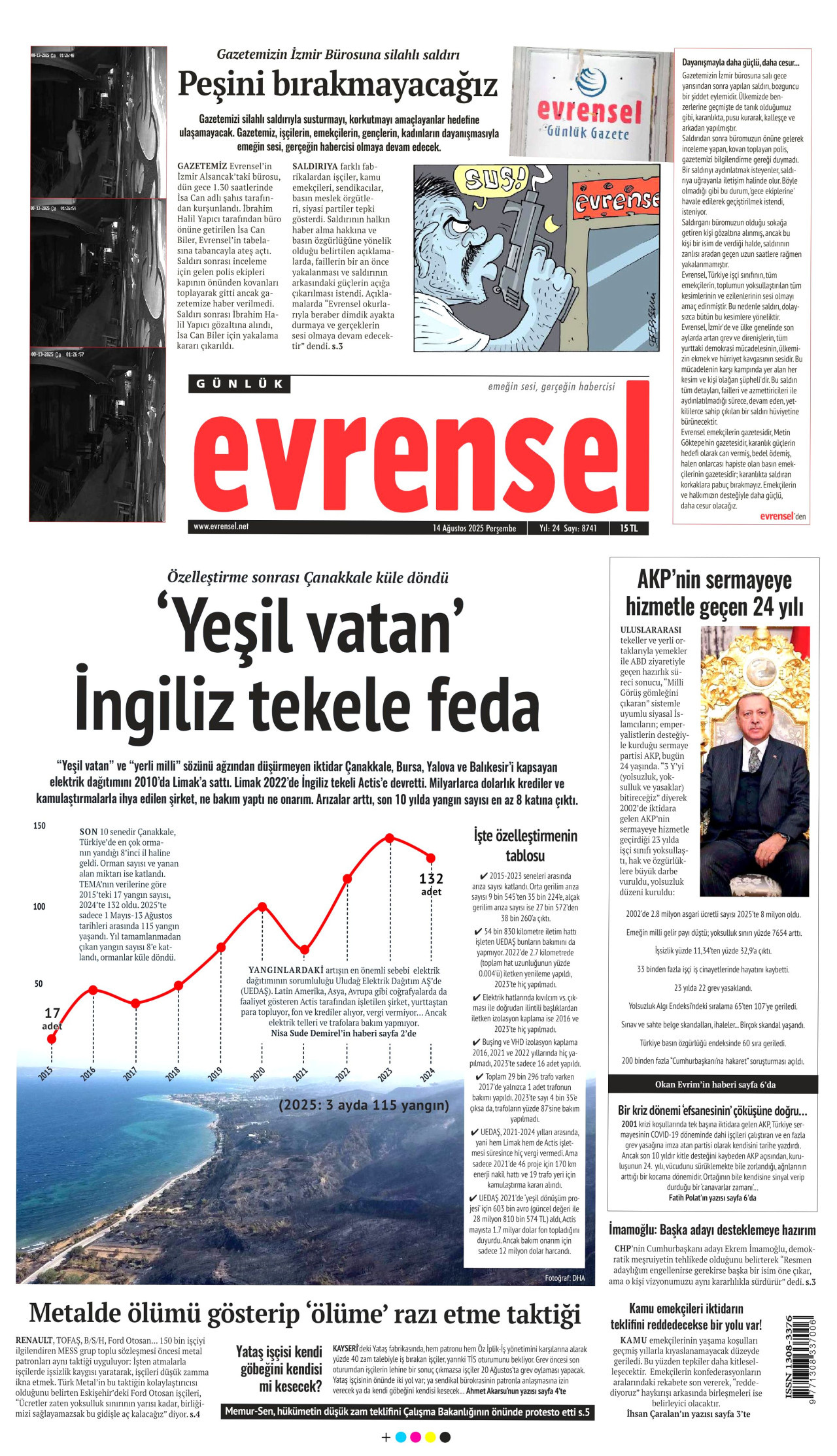 EVRENSEL gazetesinin 14 Ağustos 2025 tarihli birinci sayfası