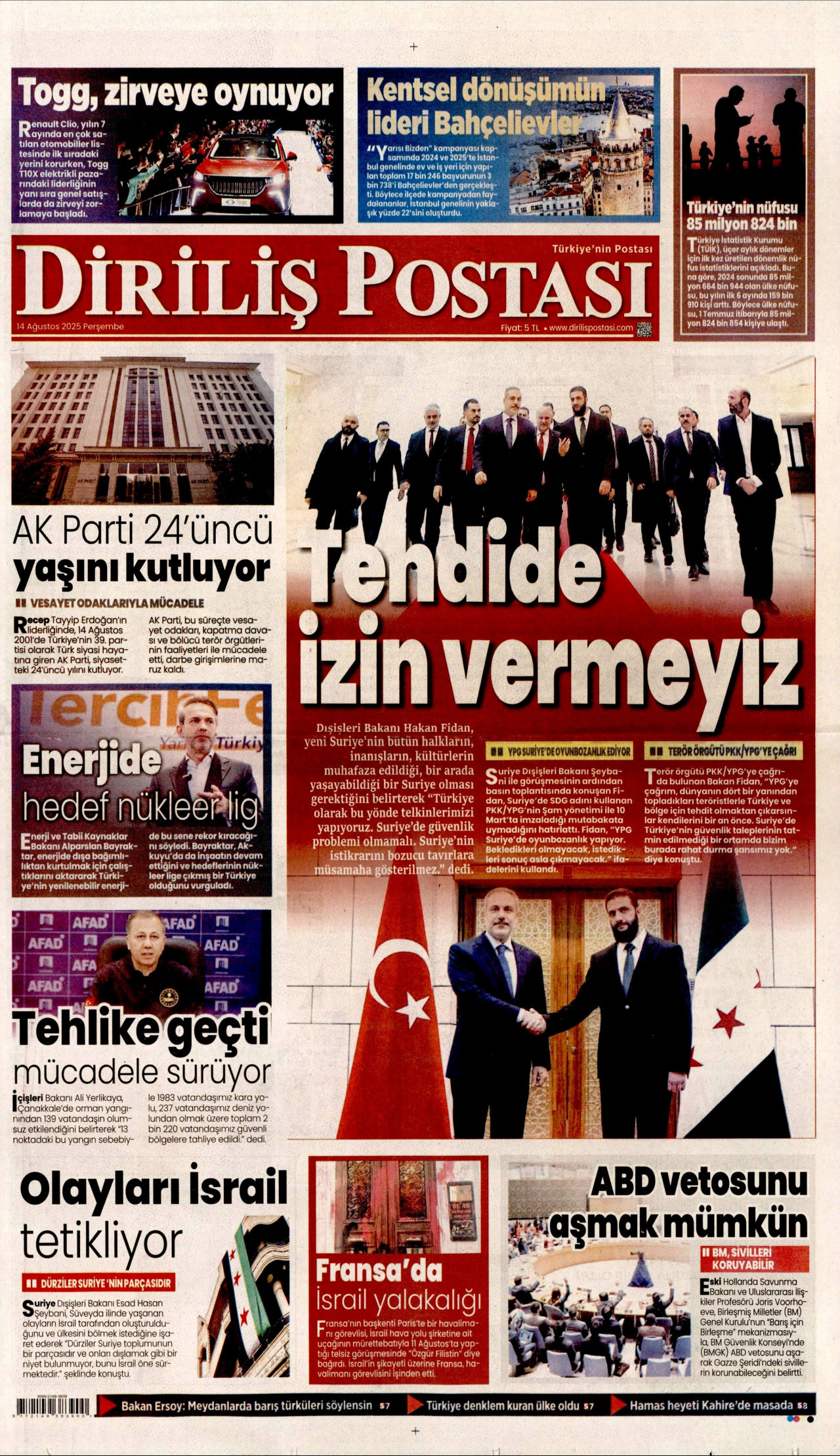 DİRİLİŞ POSTASI gazetesinin 14 Ağustos 2025 tarihli birinci sayfası