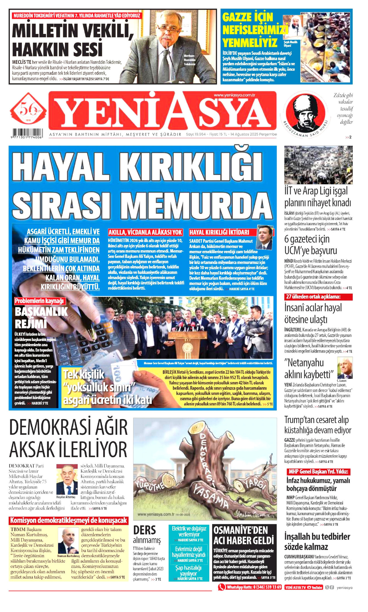 YENİ ASYA gazetesinin 14 Ağustos 2025 tarihli birinci sayfası