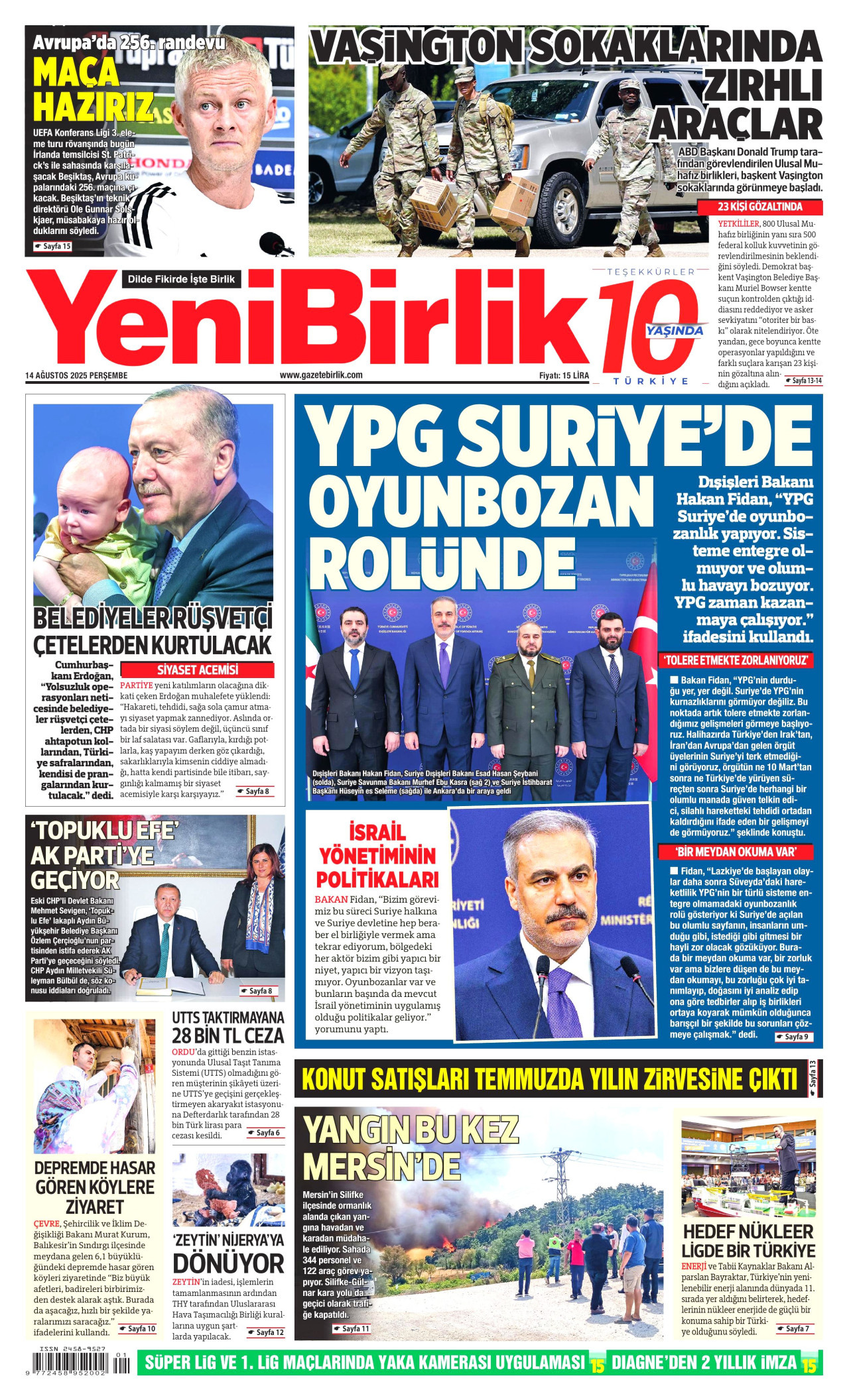 YENİBİRLİK gazetesinin 14 Ağustos 2025 tarihli birinci sayfası