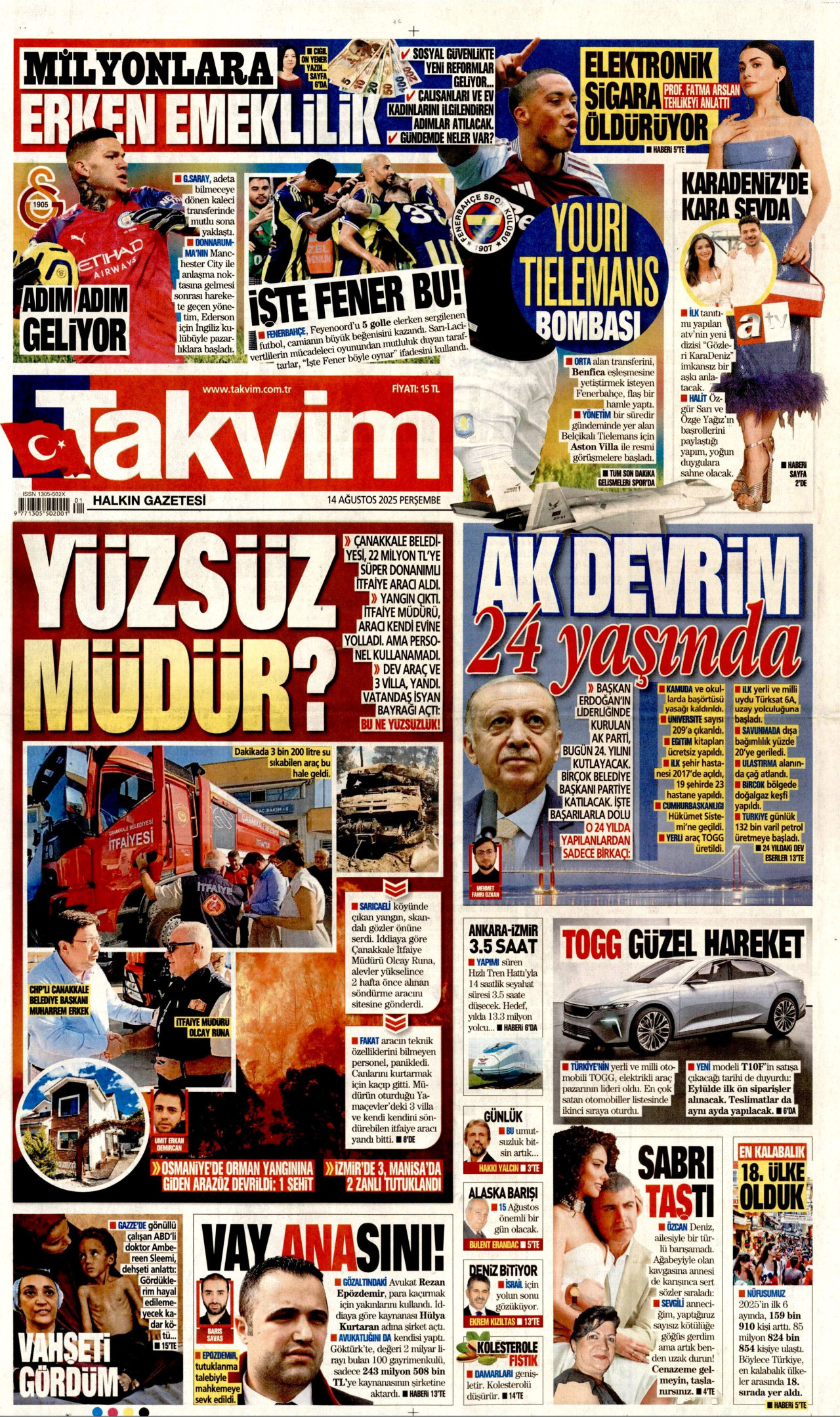 TAKVİM gazetesinin 14 Ağustos 2025 tarihli birinci sayfası