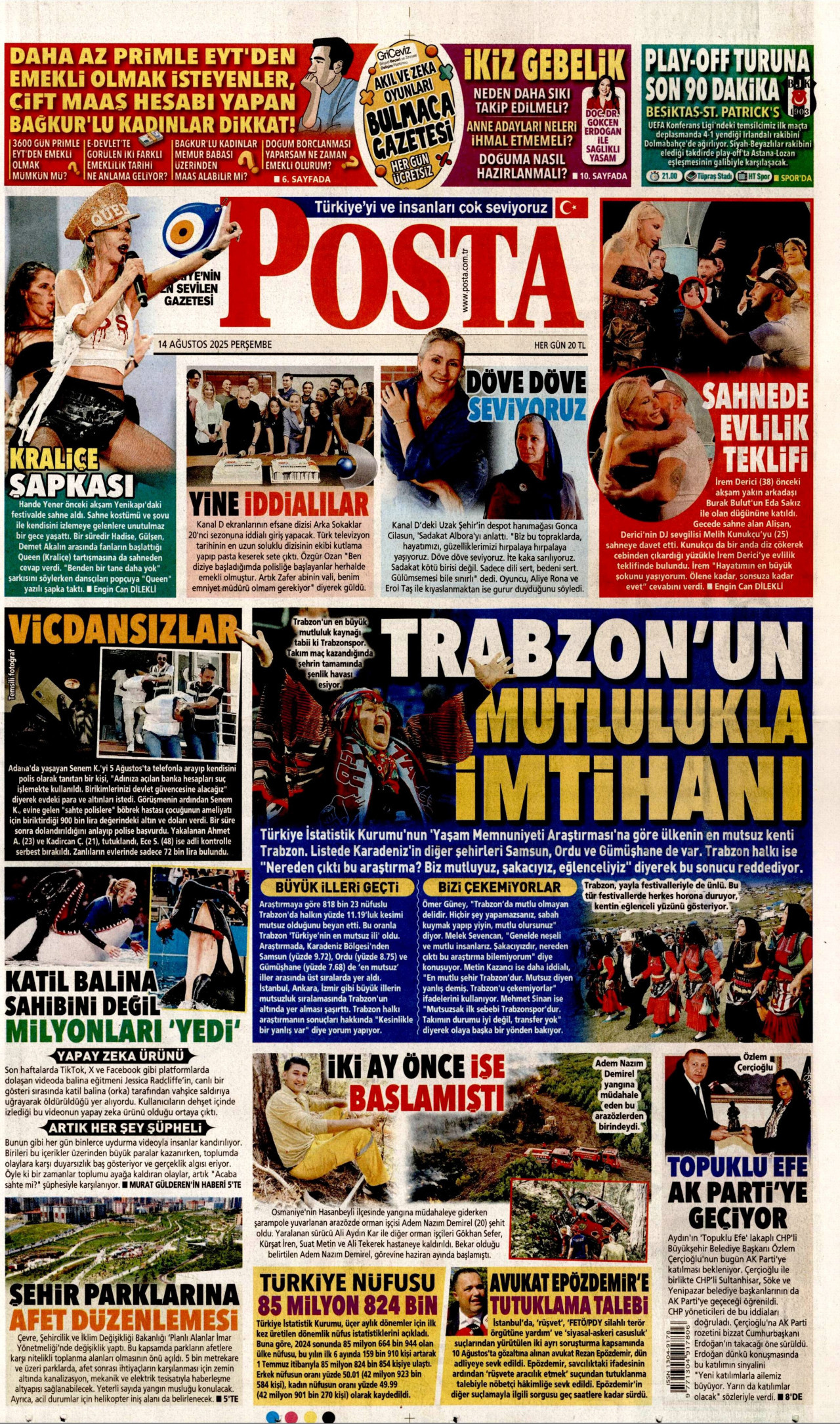 POSTA gazetesinin 14 Ağustos 2025 tarihli birinci sayfası