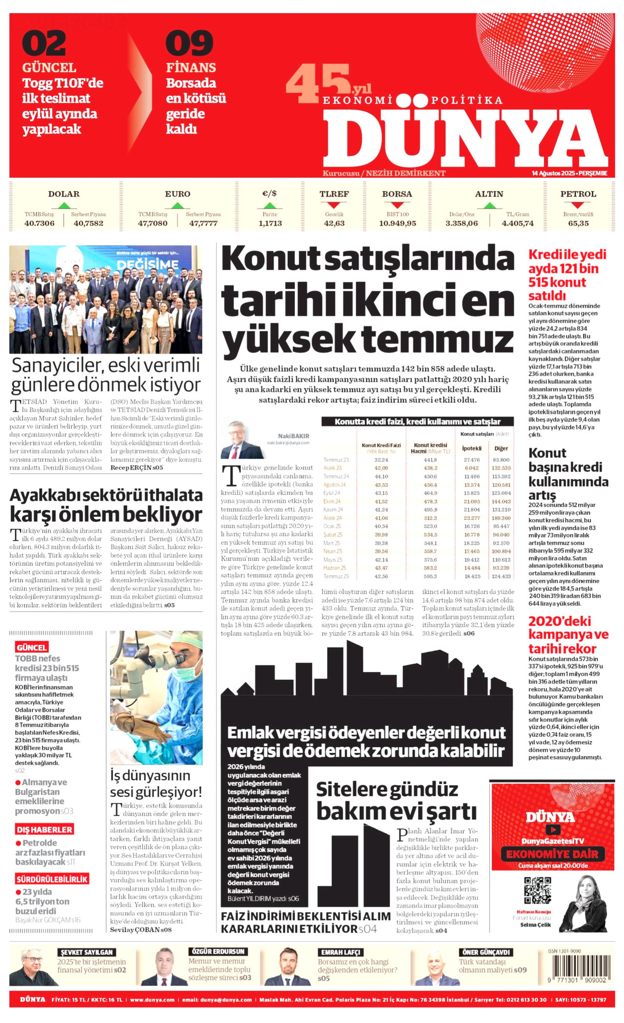 DÜNYA gazetesinin 14 Ağustos 2025 tarihli birinci sayfası
