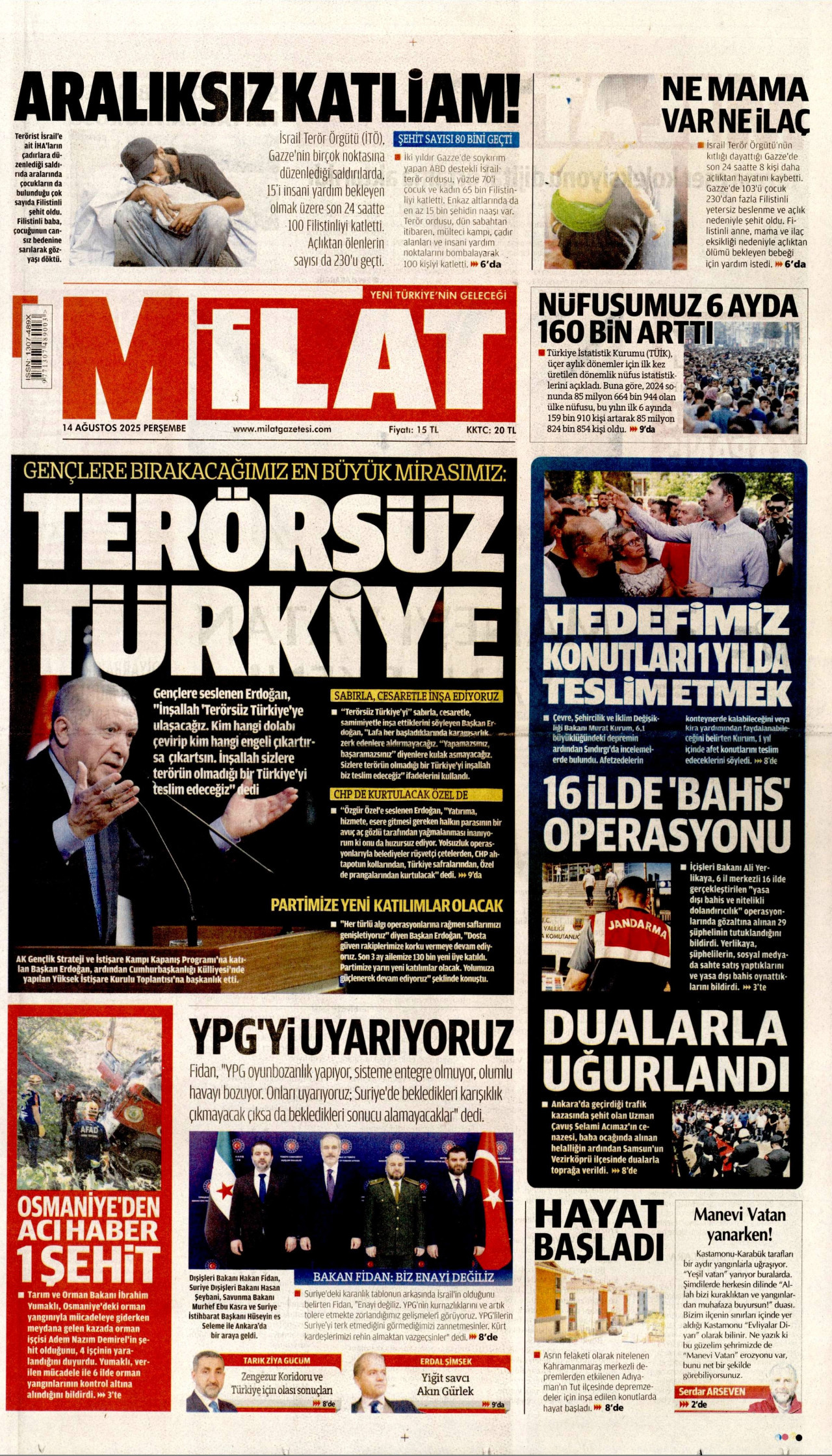 MİLAT gazetesinin 14 Ağustos 2025 tarihli birinci sayfası