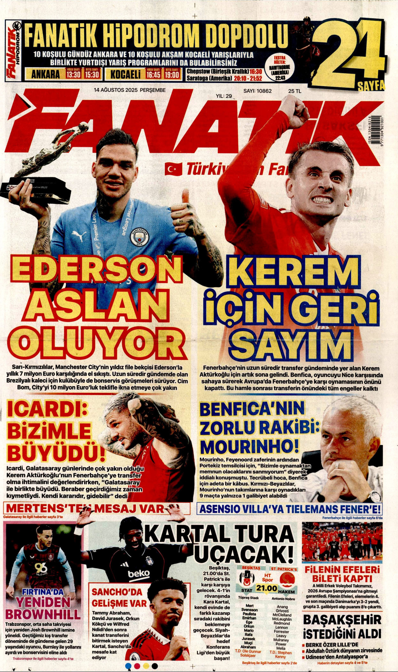FANATİK gazetesinin 14 Ağustos 2025 tarihli birinci sayfası