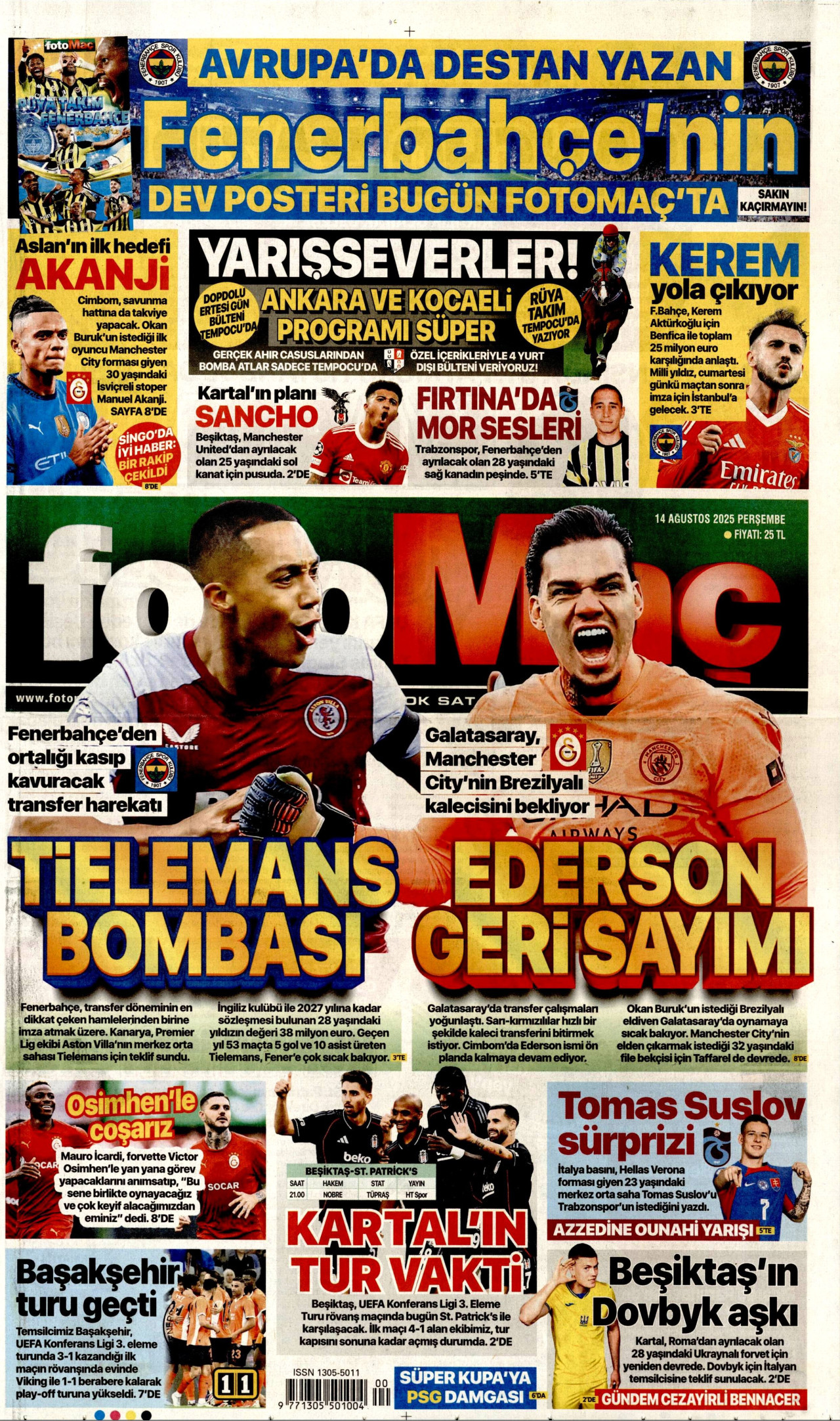 FOTOMAÇ gazetesinin 14 Ağustos 2025 tarihli birinci sayfası