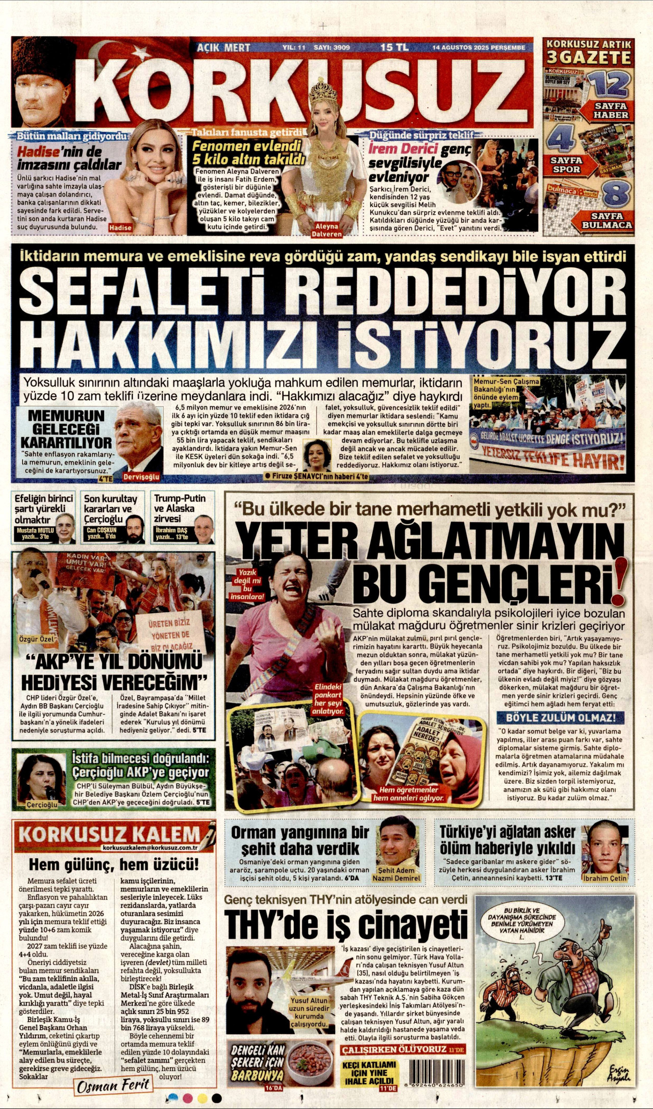 KORKUSUZ gazetesinin 14 Ağustos 2025 tarihli birinci sayfası
