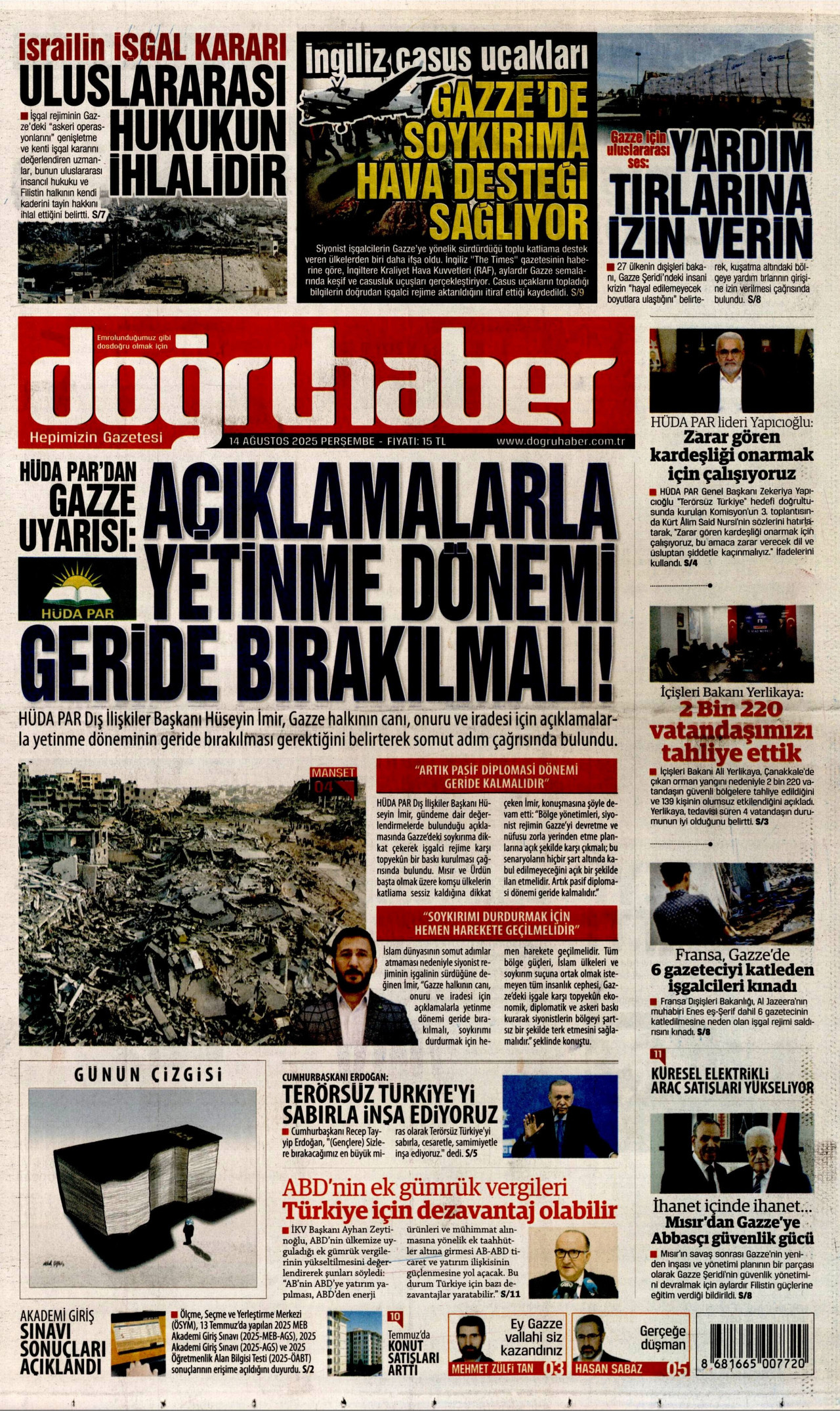 DOĞRU HABER gazetesinin 14 Ağustos 2025 tarihli birinci sayfası
