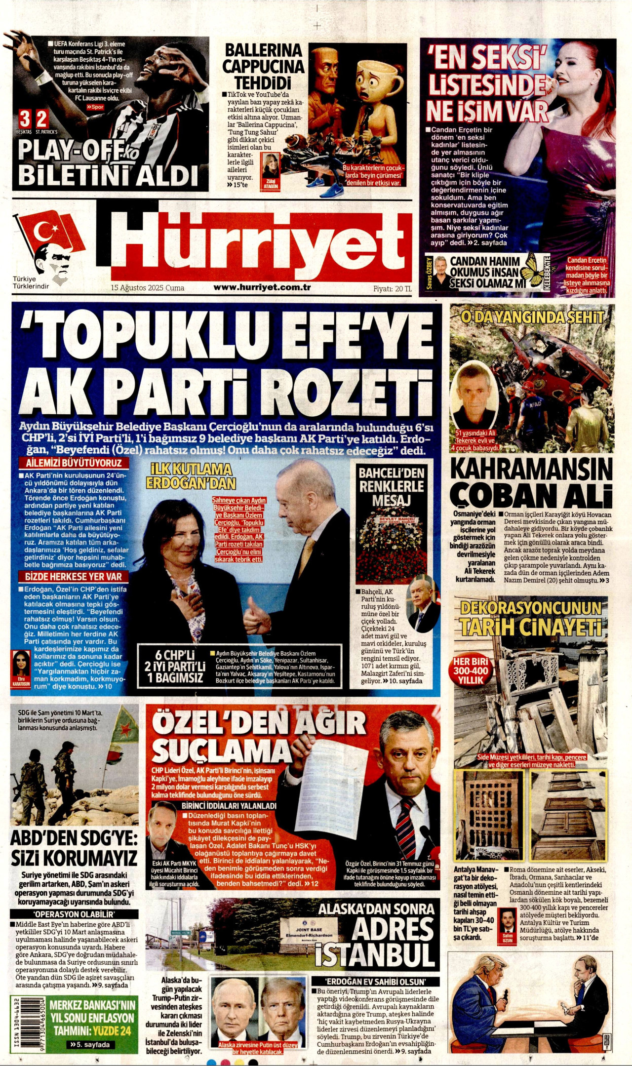 HÜRRİYET gazetesinin 15 Ağustos 2025 tarihli birinci sayfası
