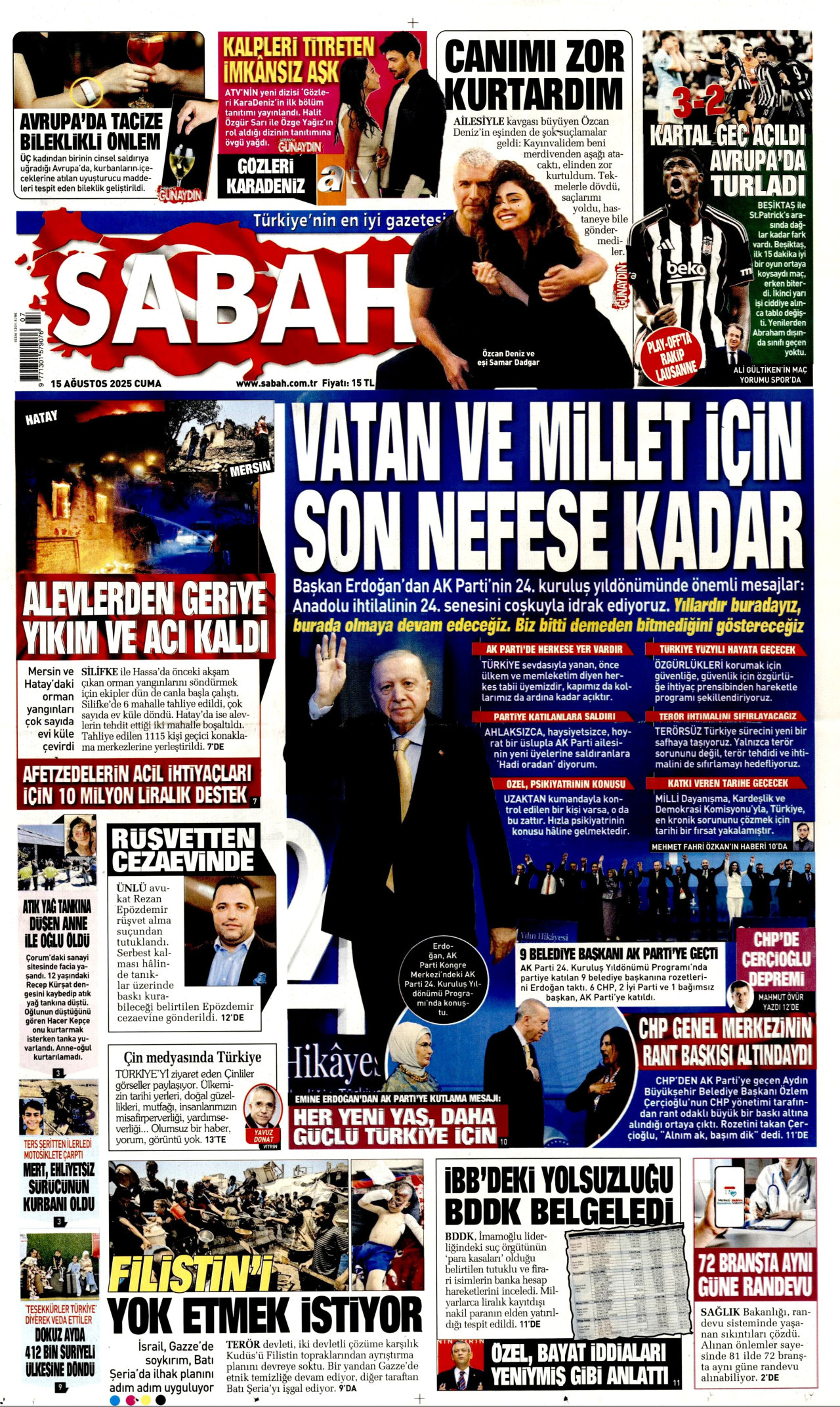 SABAH gazetesinin 15 Ağustos 2025 tarihli birinci sayfası