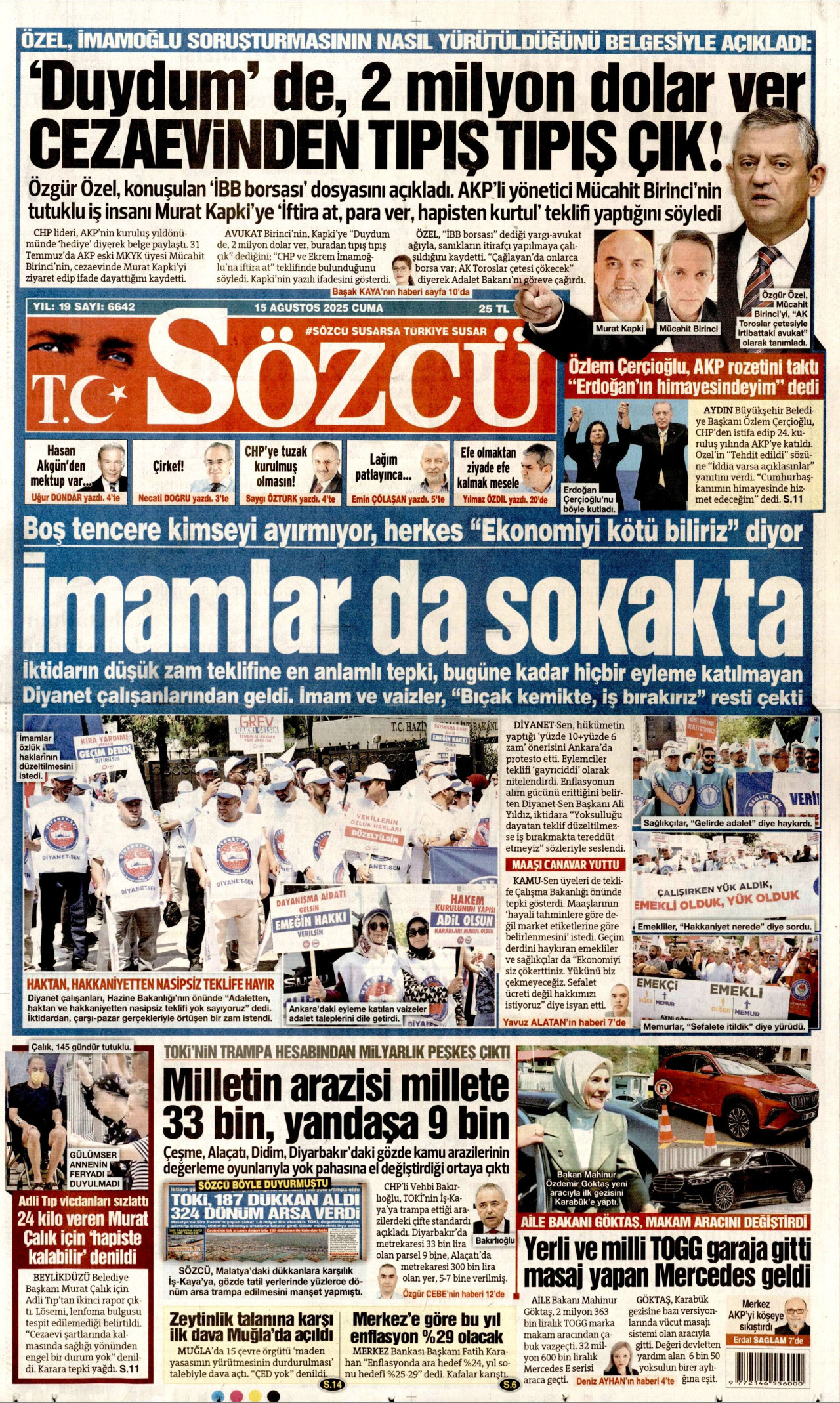 SÖZCÜ gazetesinin 15 Ağustos 2025 tarihli birinci sayfası