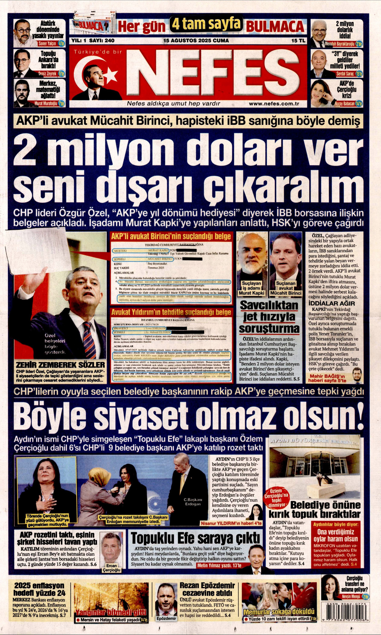 NEFES gazetesinin 15 Ağustos 2025 tarihli birinci sayfası