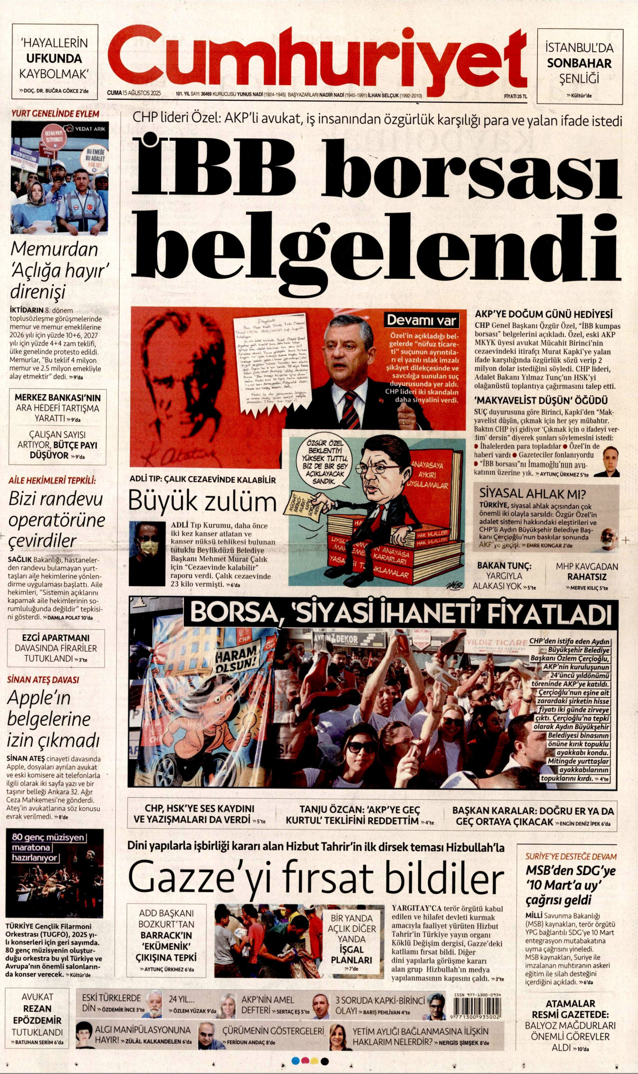 CUMHURİYET gazetesinin 15 Ağustos 2025 tarihli birinci sayfası