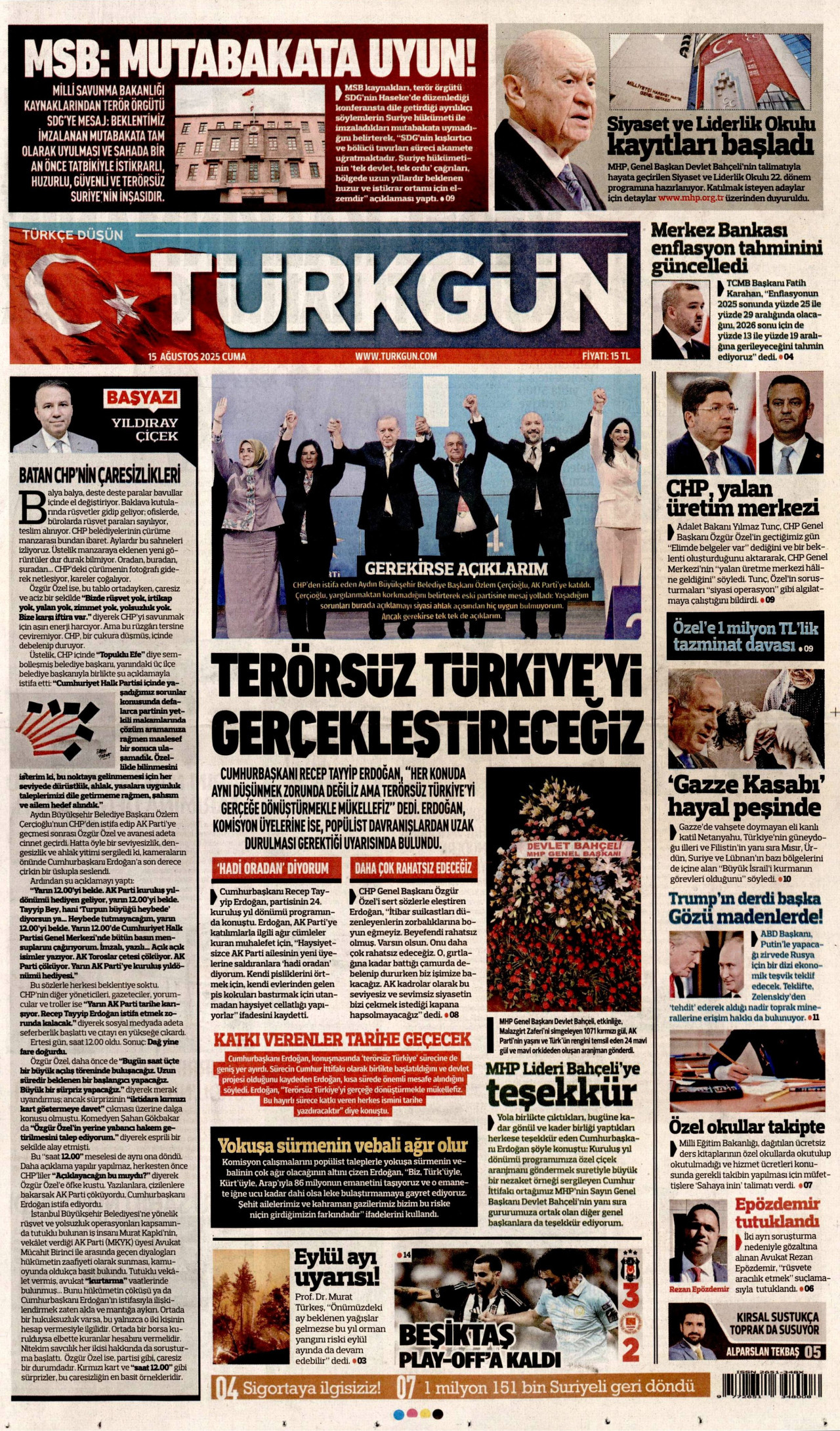 TÜRKGÜN gazetesinin 15 Ağustos 2025 tarihli birinci sayfası