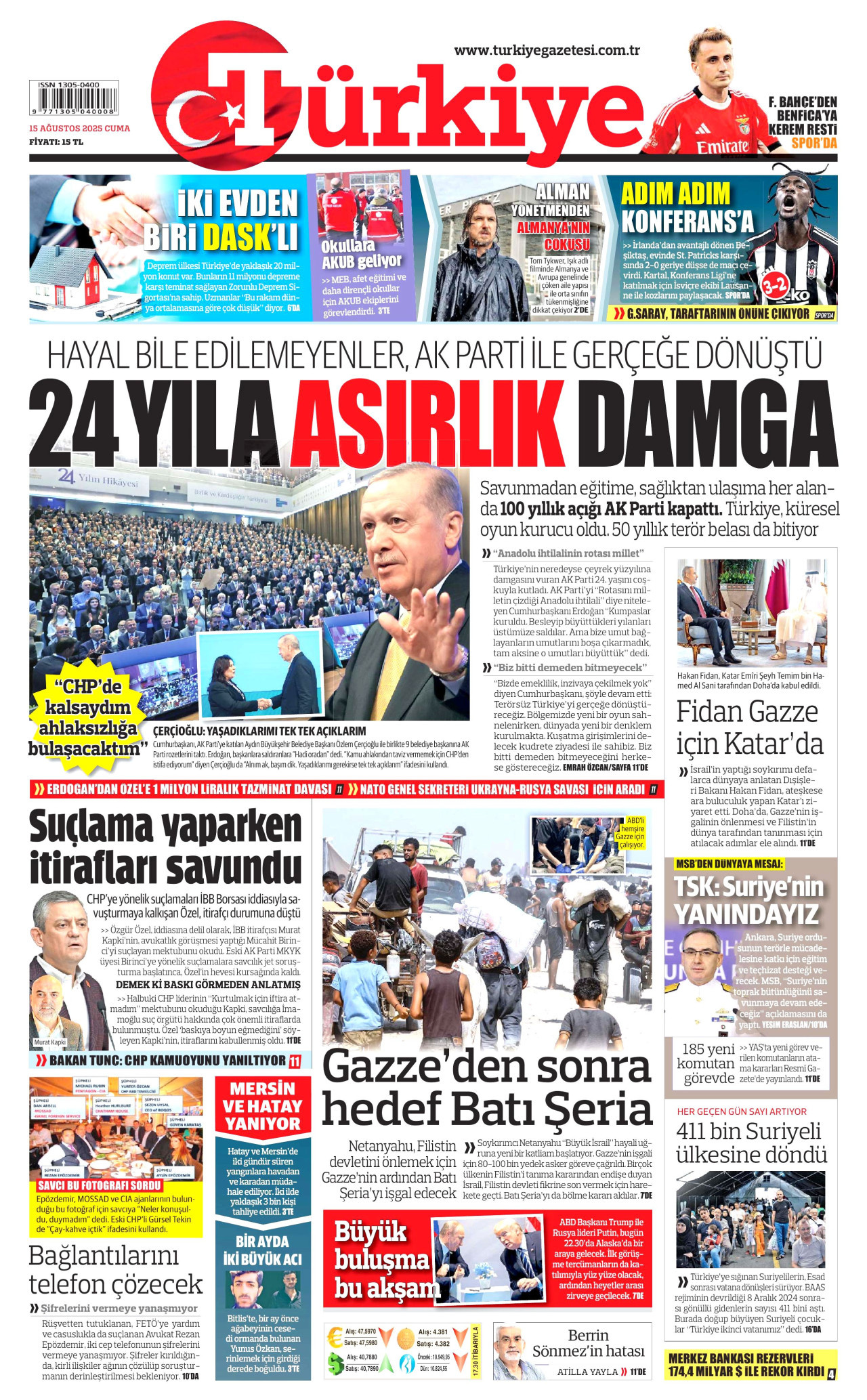 TÜRKİYE GAZETESİ gazetesinin 15 Ağustos 2025 tarihli birinci sayfası