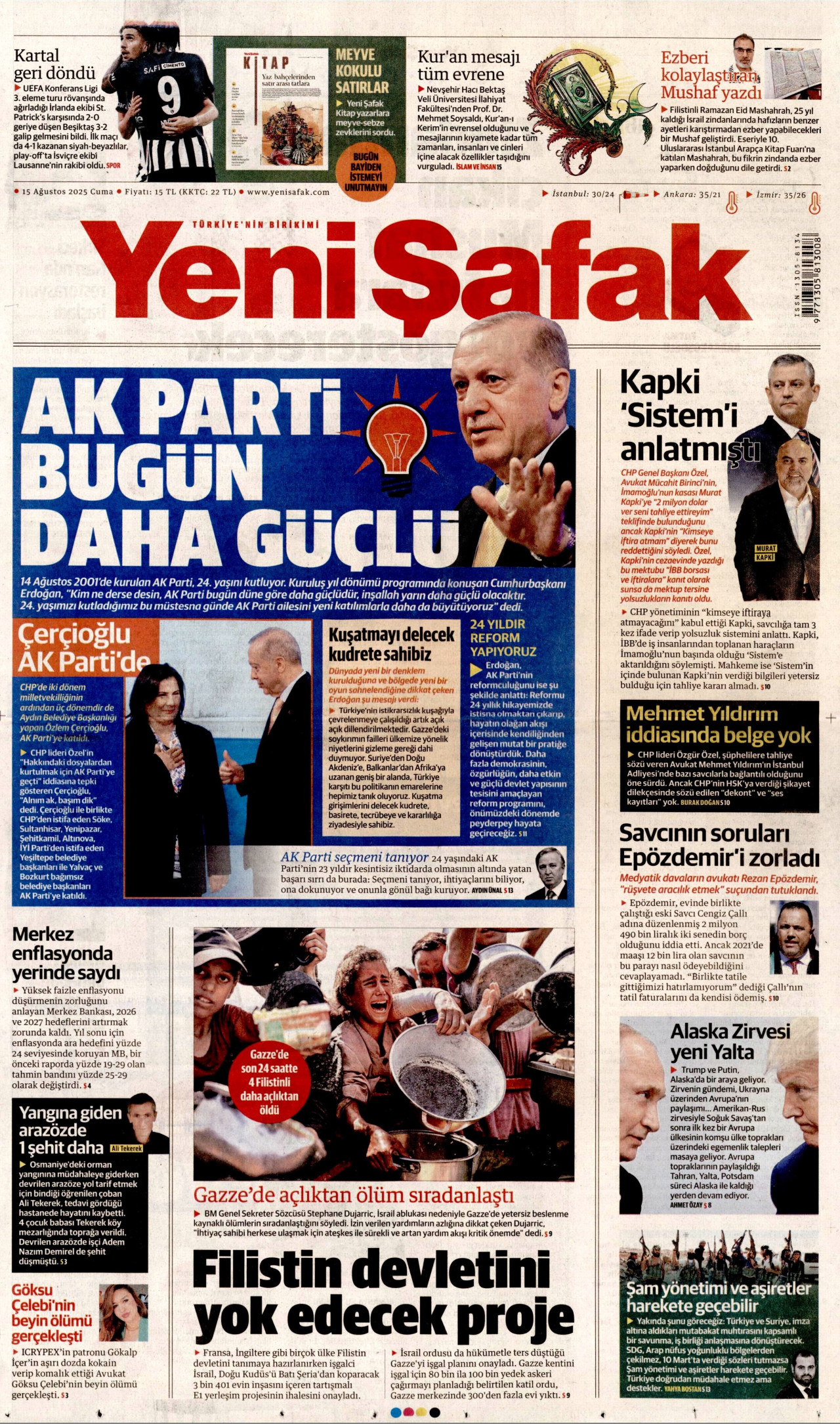 YENİ ŞAFAK gazetesinin 15 Ağustos 2025 tarihli birinci sayfası