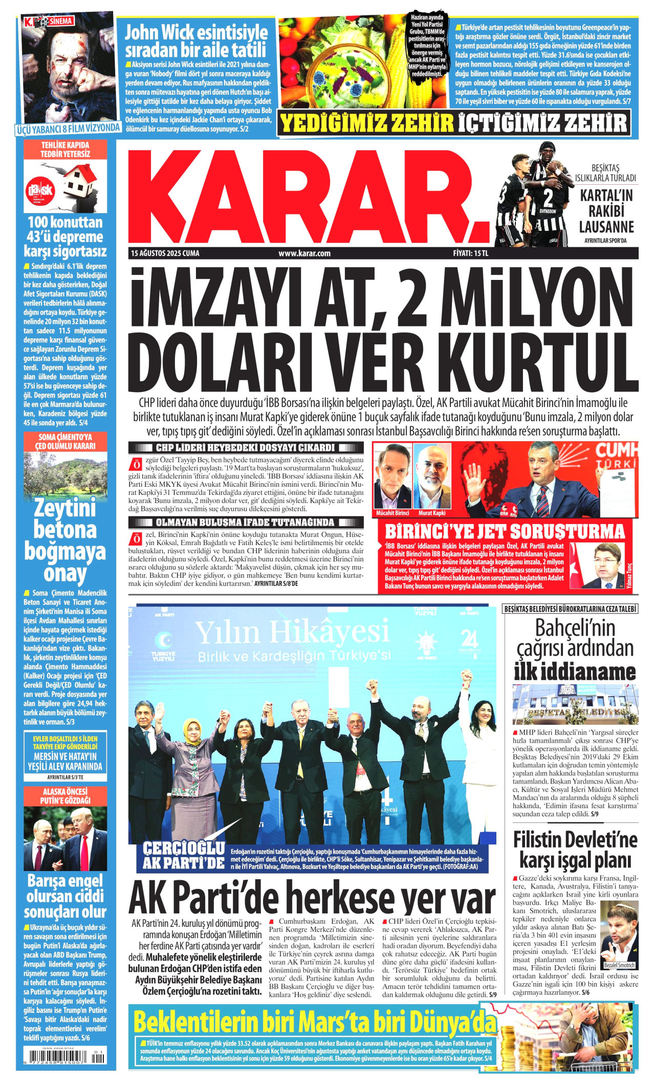 KARAR gazetesinin 15 Ağustos 2025 tarihli birinci sayfası
