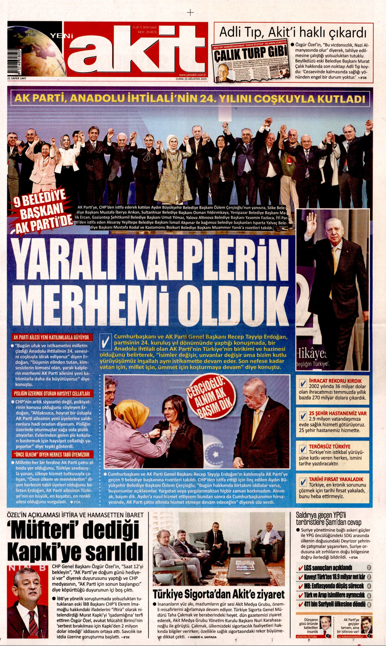YENİ AKİT gazetesinin 15 Ağustos 2025 tarihli birinci sayfası